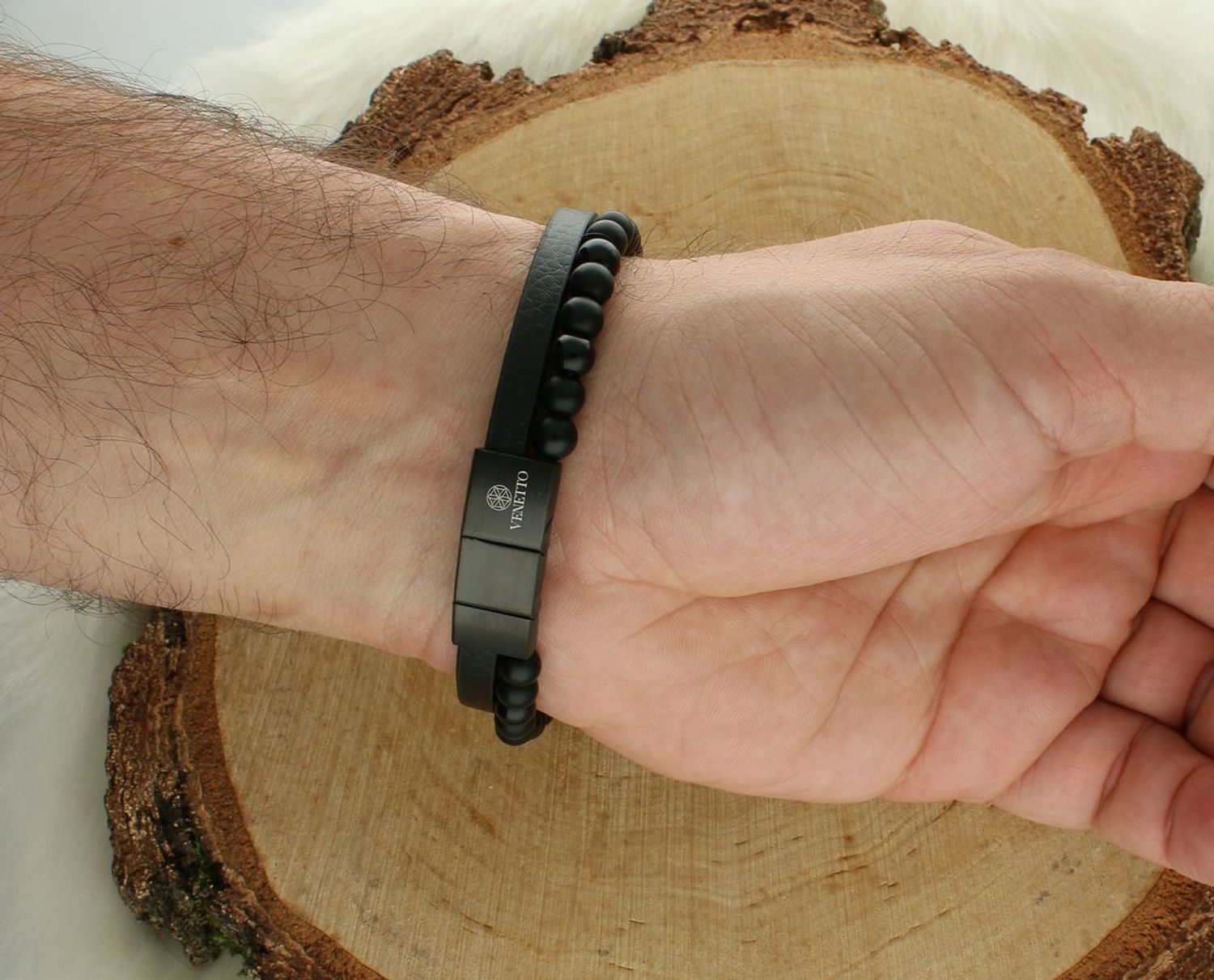 Męska bransoletka podwójna z rzemyka i kamieni naturalnych onyksów ze stali szlachetnej – długość 21–22 cm, jedno zapięcie. Stylowy i trwały dodatek.1.jpg