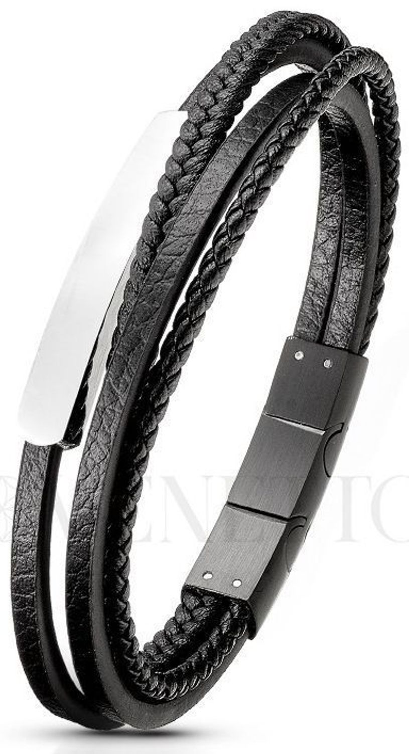 Męska bransoletka z czterema czarnymi rzemykami i gładką blaszką ze stali szlachetnej. Możliwość wykonania graweru. Długość 20–21 cm. Styl, trwałość i personalizacja.1.jpg