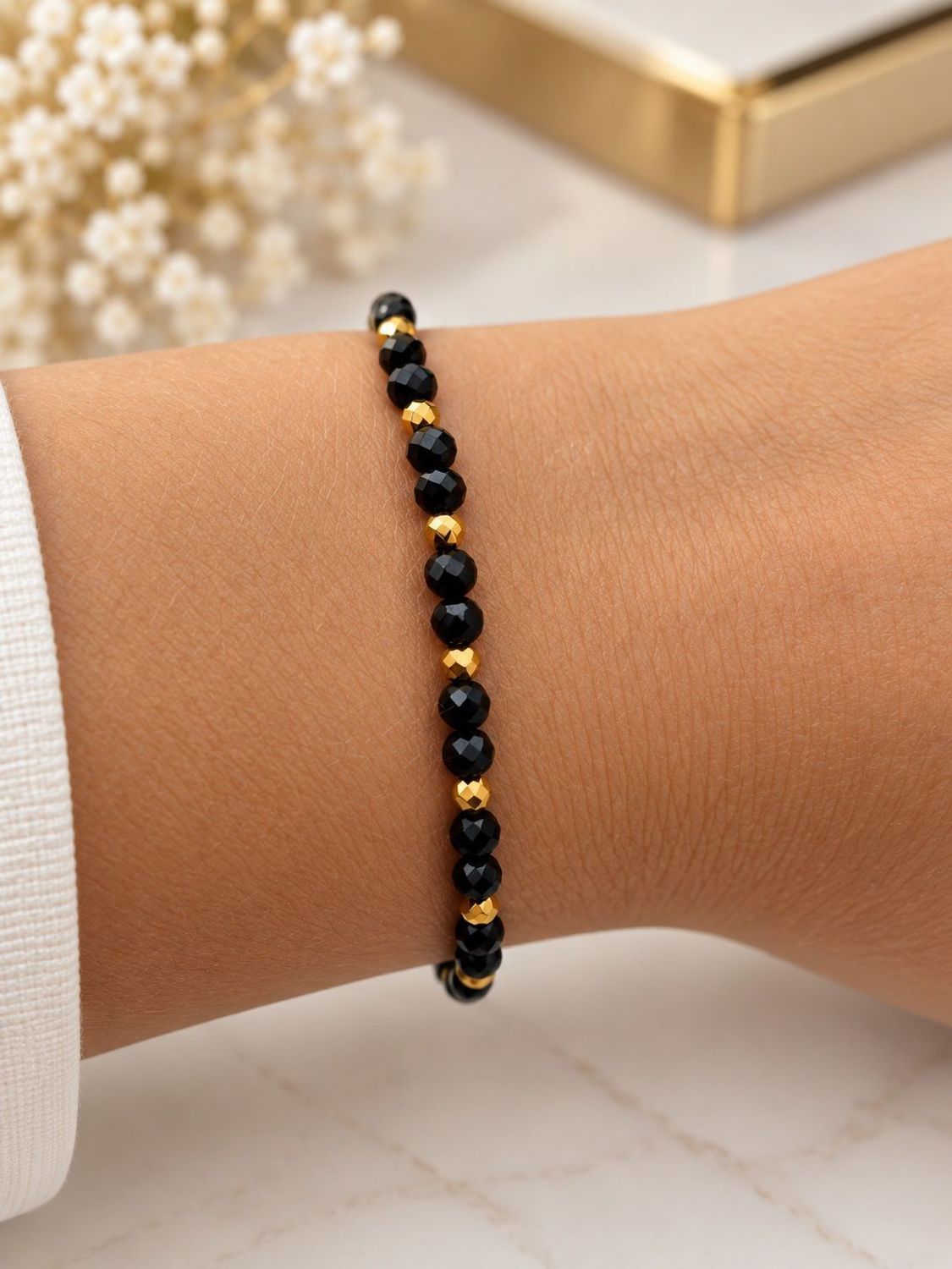 Bransoletka z turmalinem i hematytem – naturalne kamienie, elastyczna 18 cm black brans...jpg
