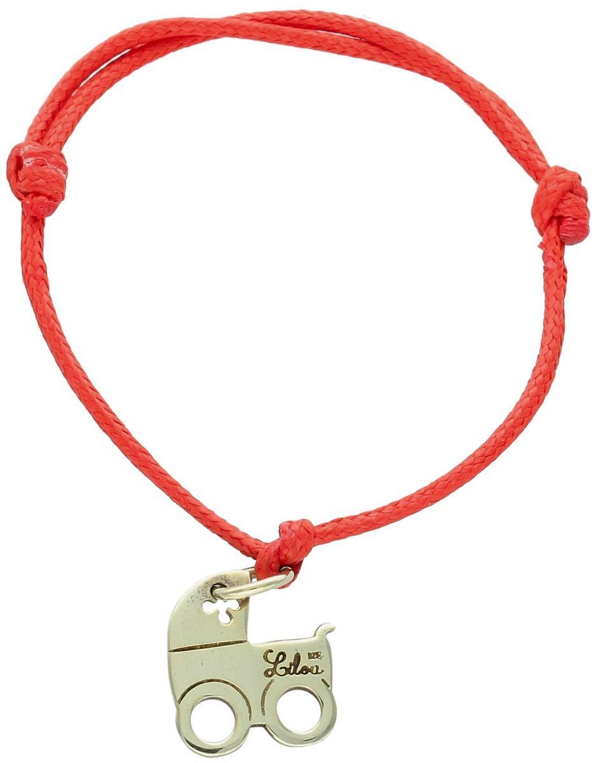 Bransoletka na czerwonym sznureczku Dziecięcy wózek srebro pozłacane Ag.jpg