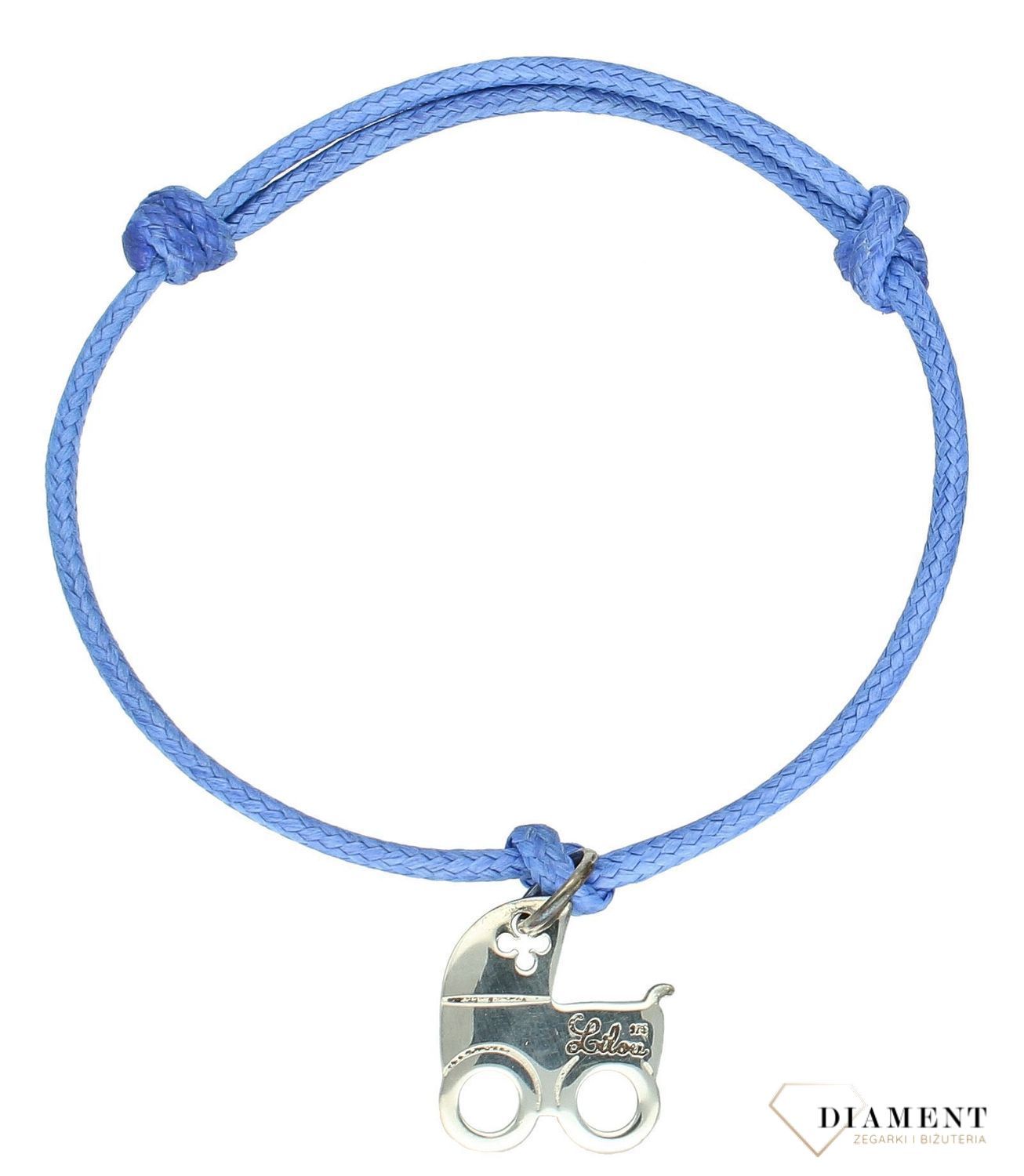 Srebrna bransoletka 925 na niebieskim sznurku Wózek dla Mamy DIA-BRA-WÓZEK-MAMA-925. Idealny pomysł na prezent dla świeżo upieczonej mamy chłopca. Na zawieszce można wygrawerować imię dziecka1.jpg