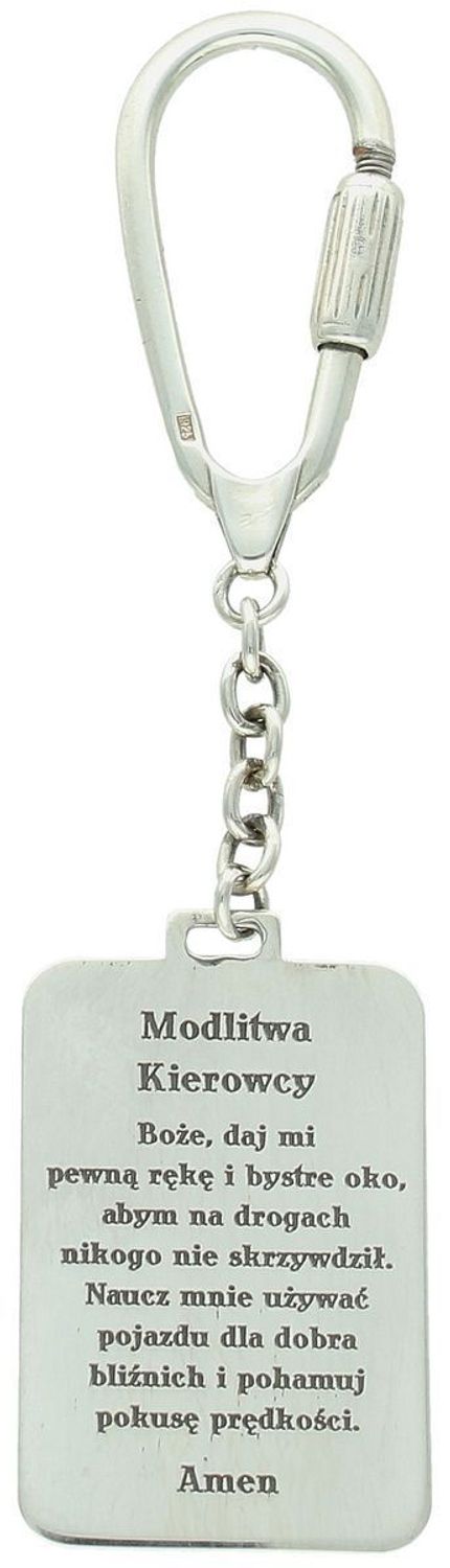 Solidny brelok ze srebra Ag 925 z wizerunkiem św. Krzysztofa – patrona podróżnych. Blaszka 2x3,2 cm, waga 8,5 g. Idealny na prezent dla kierowcy lub na Komunię.1.jpg