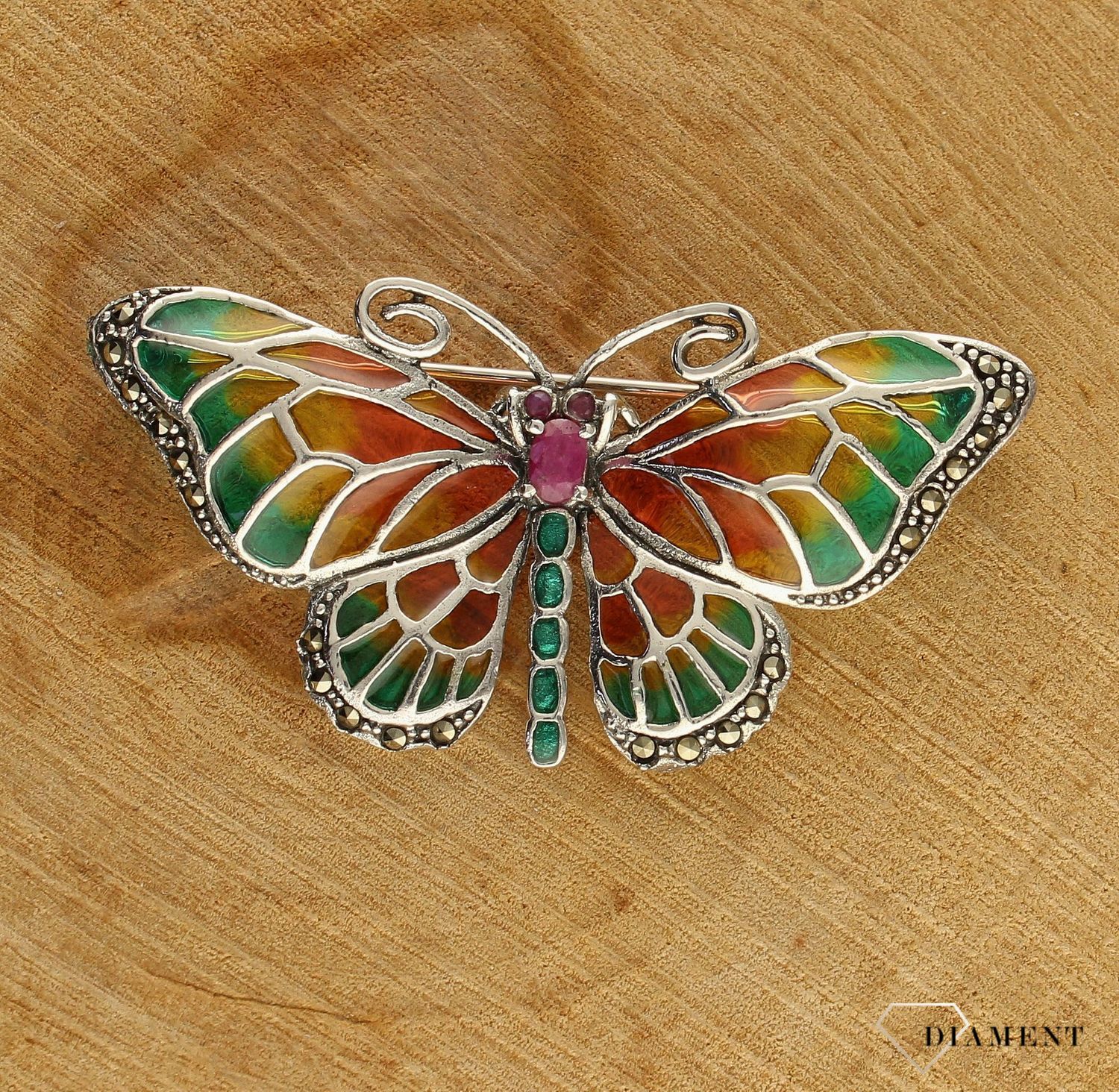 Srebrna broszka damska kolorowy motyl z markazytami DIA-BRO-10187-925. Srebrna broszka damska. Srebrna broszka idealna na prezent dla kobiety. Srebrna broszka w kształcie motyla. Srebrna broszka z markazytami (3).jpg