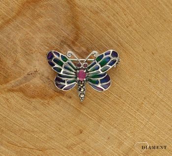 Srebrna broszka damska motyl z kamieniem naturalnym i emalią w niebiesko-zielonym odcieniu DIA-BRO-10191-925. Srebrna broszka damska. Srebrna broszka idealna na prezent dla kobiety. Srebrna broszka w kształcie motyla. Srebrn (3).jpg