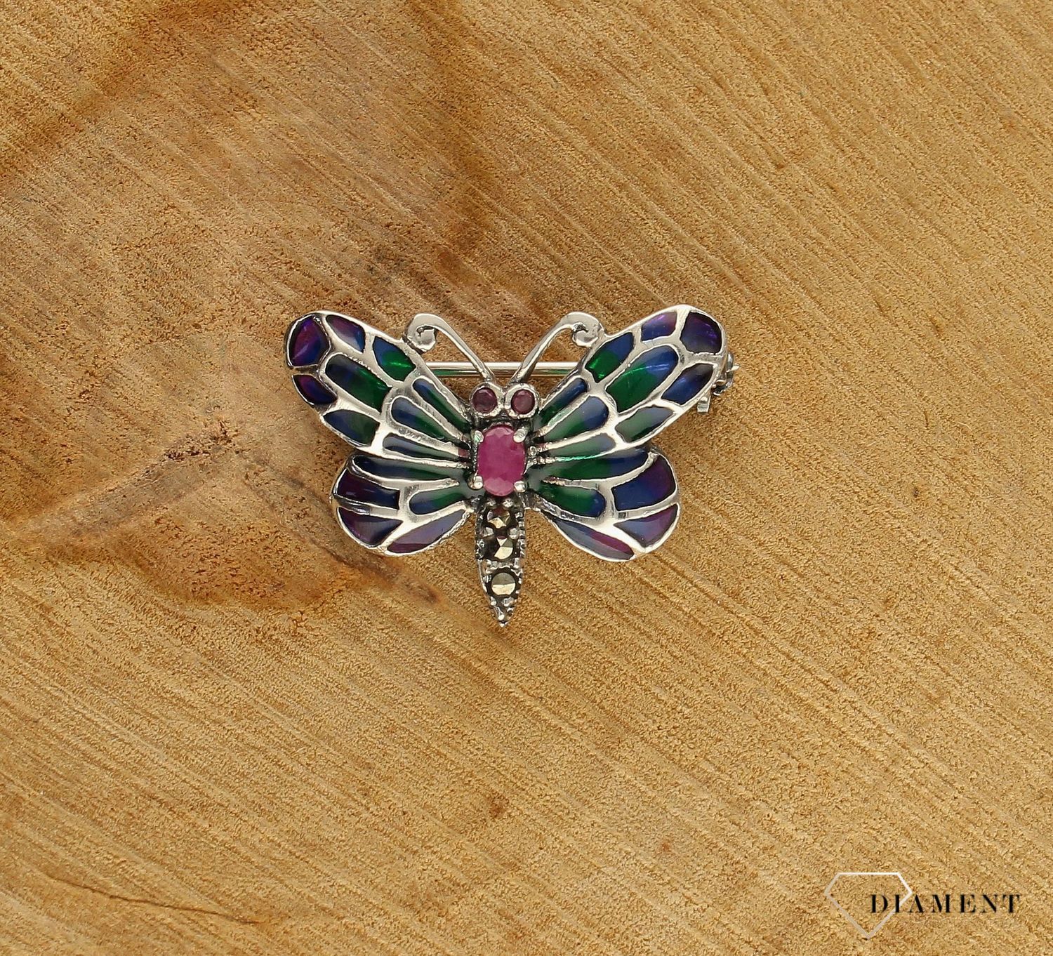 Srebrna broszka damska motyl z kamieniem naturalnym i emalią w niebiesko-zielonym odcieniu DIA-BRO-10191-925. Srebrna broszka damska. Srebrna broszka idealna na prezent dla kobiety. Srebrna broszka w kształcie motyla. Srebrna  (1).jpg