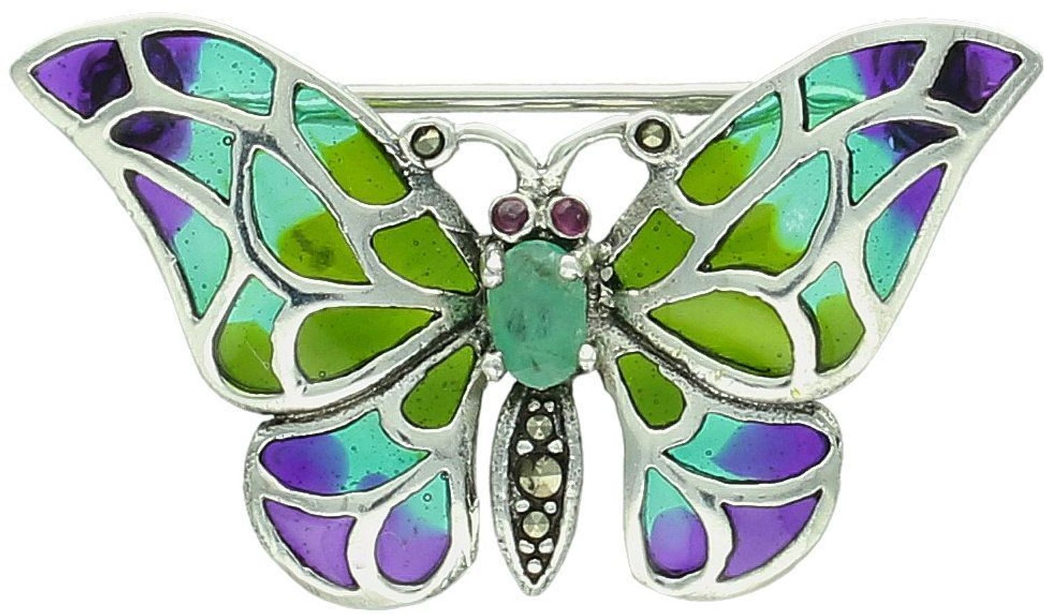 Srebrna broszka damska próba 925 w kształcie motylka, zdobiona kolorową emalią, cyrkonią i markazytami. Wymiary 3,5 cm x 2,2 cm, waga 3,70 g. Elegancka biżuteria na prezent.1.jpg