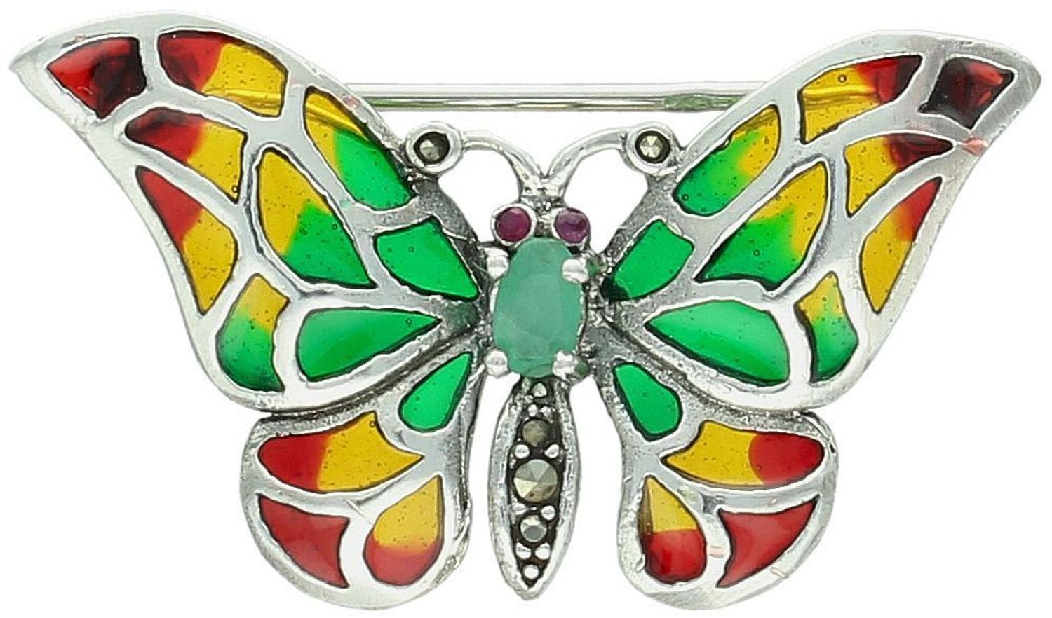 Srebrna broszka damska próba 925 w kształcie motylka, zdobiona kolorową emalią, cyrkonią i markazytami. Wymiary 3,5 cm x 2,2 cm, waga 4,00 g. Elegancka biżuteria na prezent.1.jpg