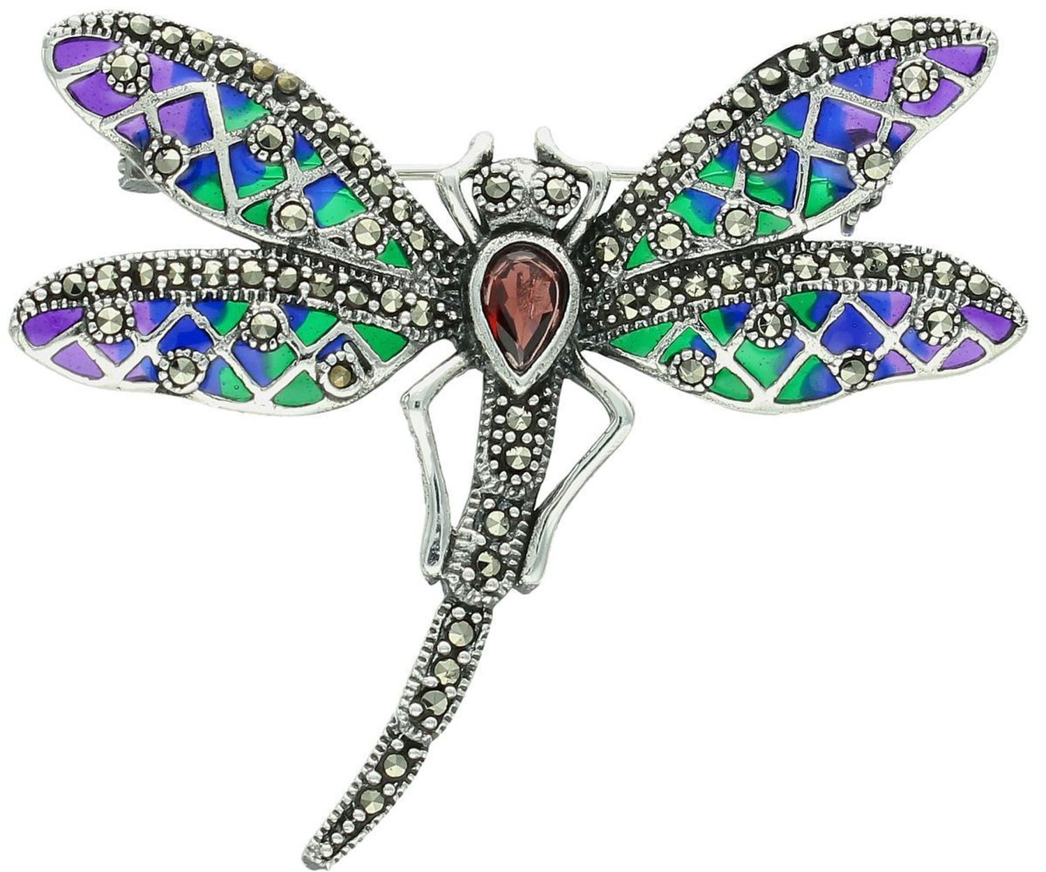 Srebrna broszka damska próba 925 zdobiona kolorową emalią i markazytami. Wymiary 6,0 cm x 5,0 cm, waga 11,90 g. Elegancka biżuteria na prezent.1.jpg