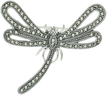 Srebrna broszka damska próba 925 w kształcie ważki, zdobiona markazytami. Wymiary 4,5 cm x 5,0 cm, waga 7,80 g. Elegancka biżuteria na prezent.1.jpg