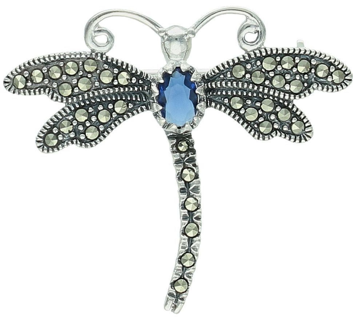 Srebrna broszka damska próba 925 w kształcie ważki, zdobiona granatową cyrkonią i markazytami. Wymiary 3,5 cm x 3,0 cm, waga 4,07 g. Elegancka biżuteria.1.jpg