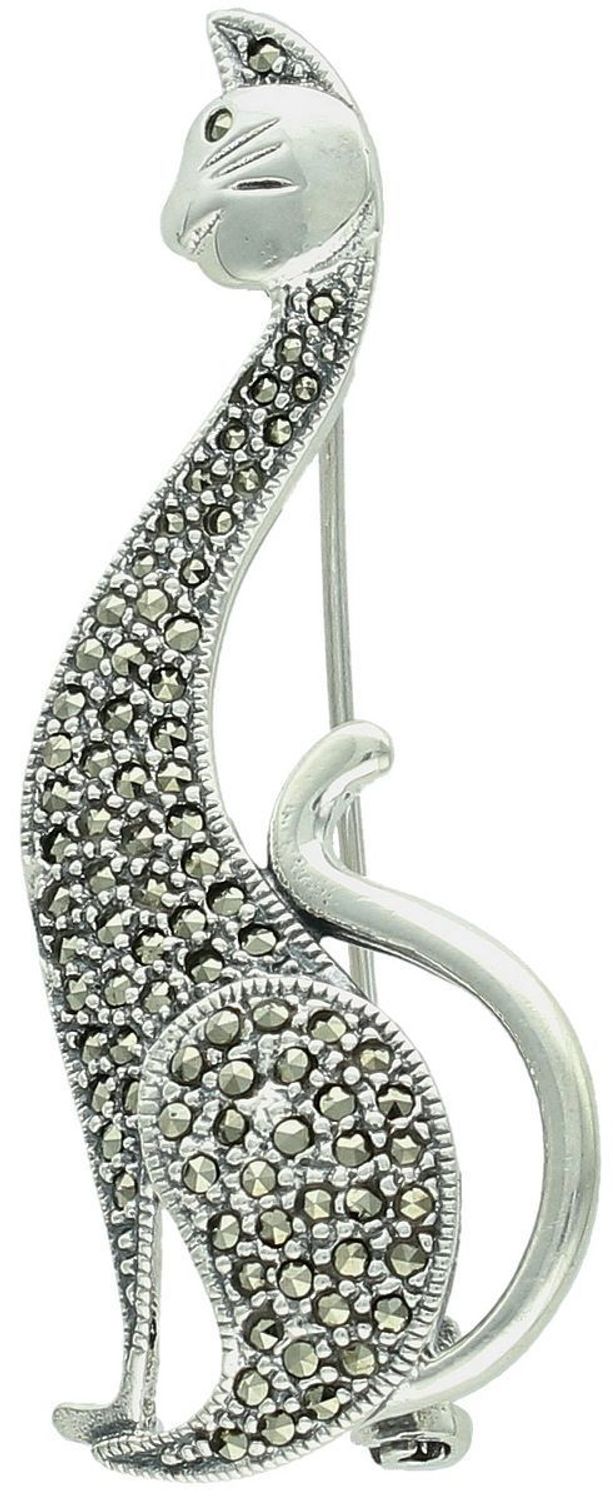 Srebrna broszka damska próba 925 w kształcie kota, zdobiona markazytami. Wymiary 5,5 cm x 2,0 cm, waga 7,68 g. Elegancka biżuteria na prezent.1.jpg