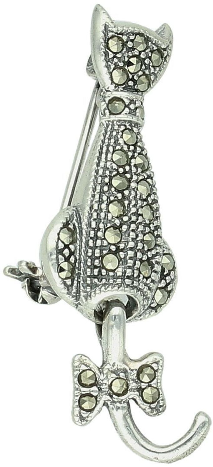Srebrna broszka damska próba 925 z ruchomym ogonem, zdobiona markazytami i małą kokardką. Wymiary 3,5 cm x 1,2 cm, waga 4,00 g. Urocza biżuteria dla miłośników kotów.1.jpg
