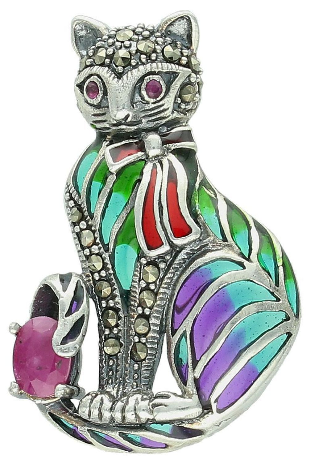 Srebrna broszka damska próba 925 w kształcie kotka, zdobiona kolorową emalią, różową cyrkonią i markazytami. Wymiary 4,0 cm x 2,5 cm. Urocza biżuteria na prezent.1.jpg