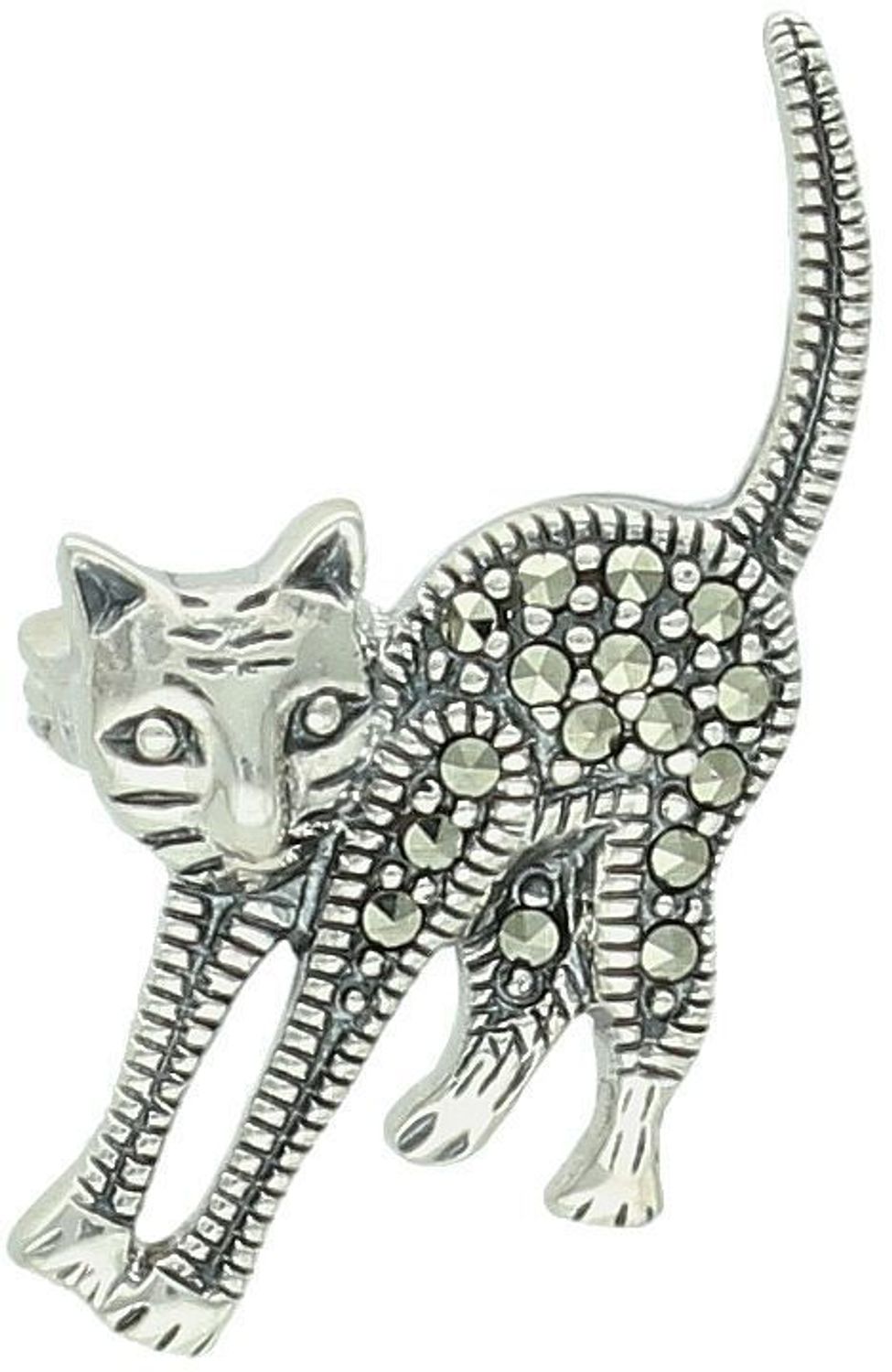 Srebrna broszka damska próba 925 w kształcie kotka, zdobiona markazytami. Wymiary 1,3 cm x 2,5 cm, waga 2,95 g. Subtelna biżuteria na prezent.1.jpg