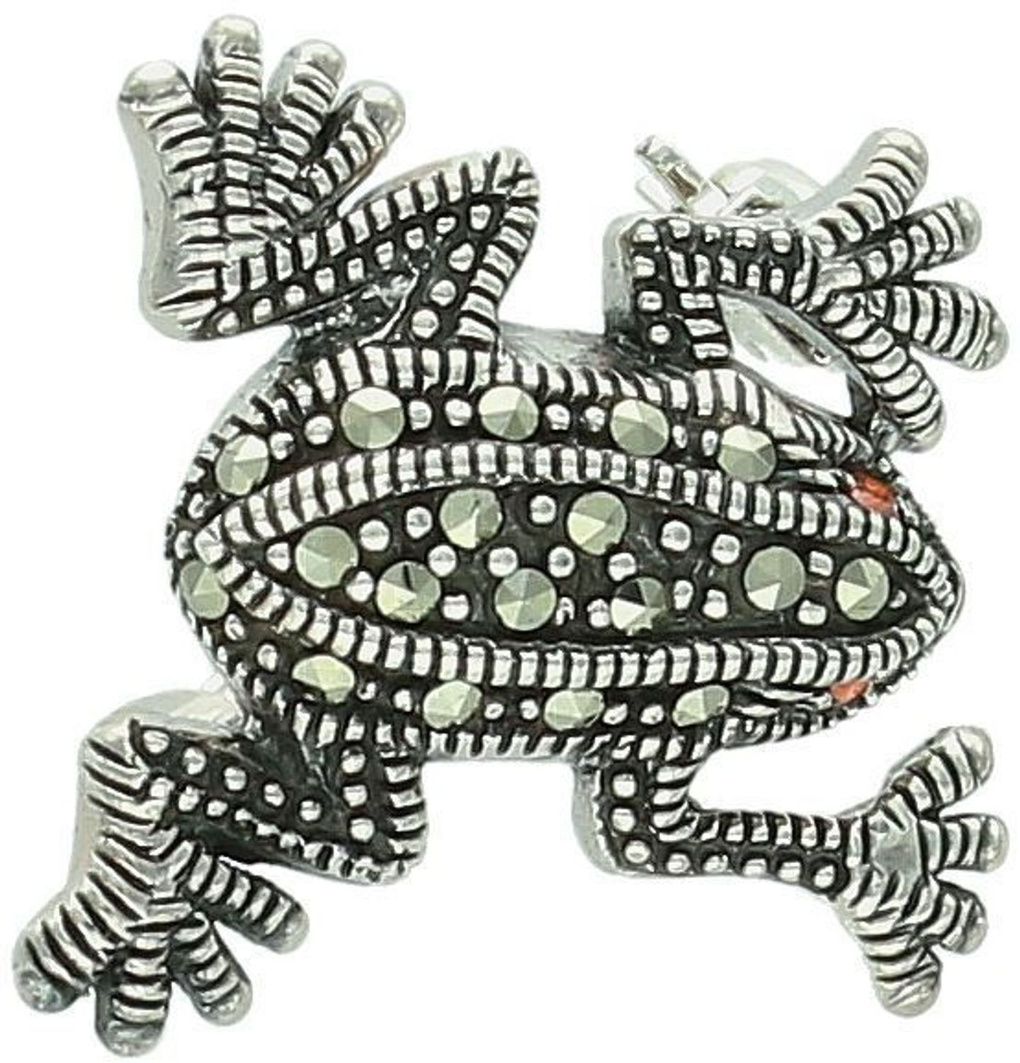 Srebrna broszka damska próba 925 w kształcie żabki, zdobiona markazytami i oczkami z czerwonej cyrkonii. Wymiary 2,0 cm x 2,0 cm, waga 3,65 g. Urocza biżuteria na prezent.1.jpg