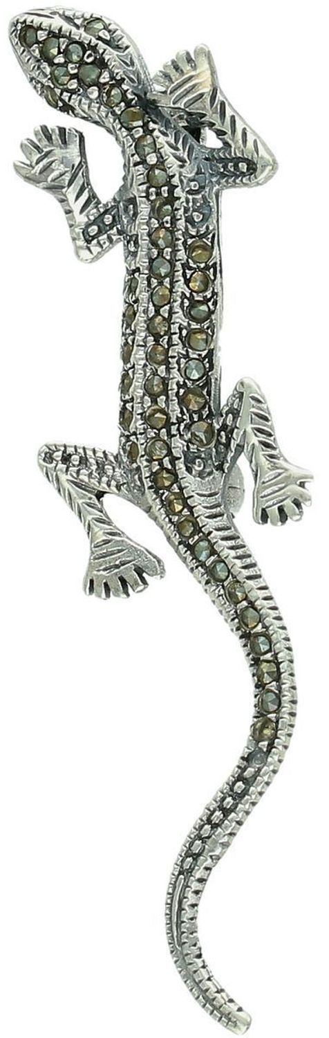 Srebrna broszka damska próba 925 w kształcie jaszczurki, zdobiona markazytami. Wymiary 6,0 cm x 1,5 cm, waga 3,60 g. Oryginalna biżuteria na prezent.1.jpg