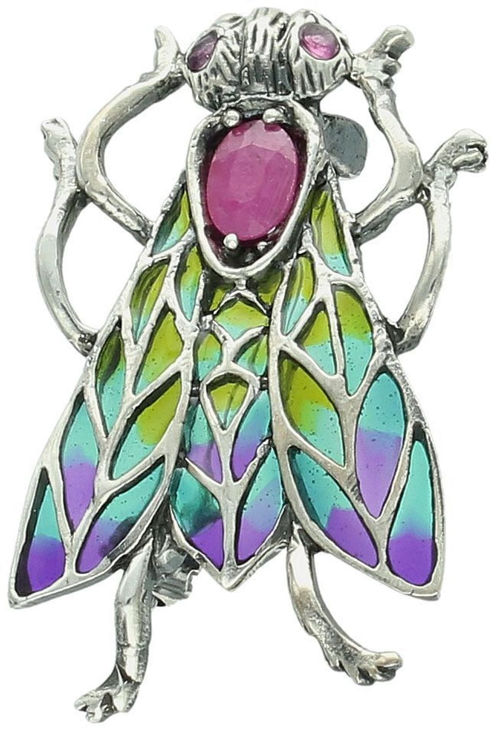 Srebrna broszka damska próba 925 w kształcie muchy, zdobiona różową cyrkonią i kolorową emalią. Wymiary 3,0 cm x 2,1 cm, waga 4,50 g. Elegancka biżuteria na prezent.1.jpg