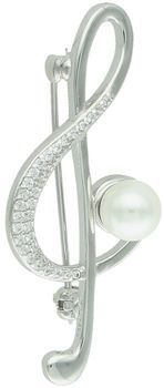 Srebrna broszka damska próba 925 w kształcie nutki, zdobiona perłą i cyrkoniami. Wymiary 4,5 cm x 2,0 cm. Elegancka biżuteria na prezent.1.jpg