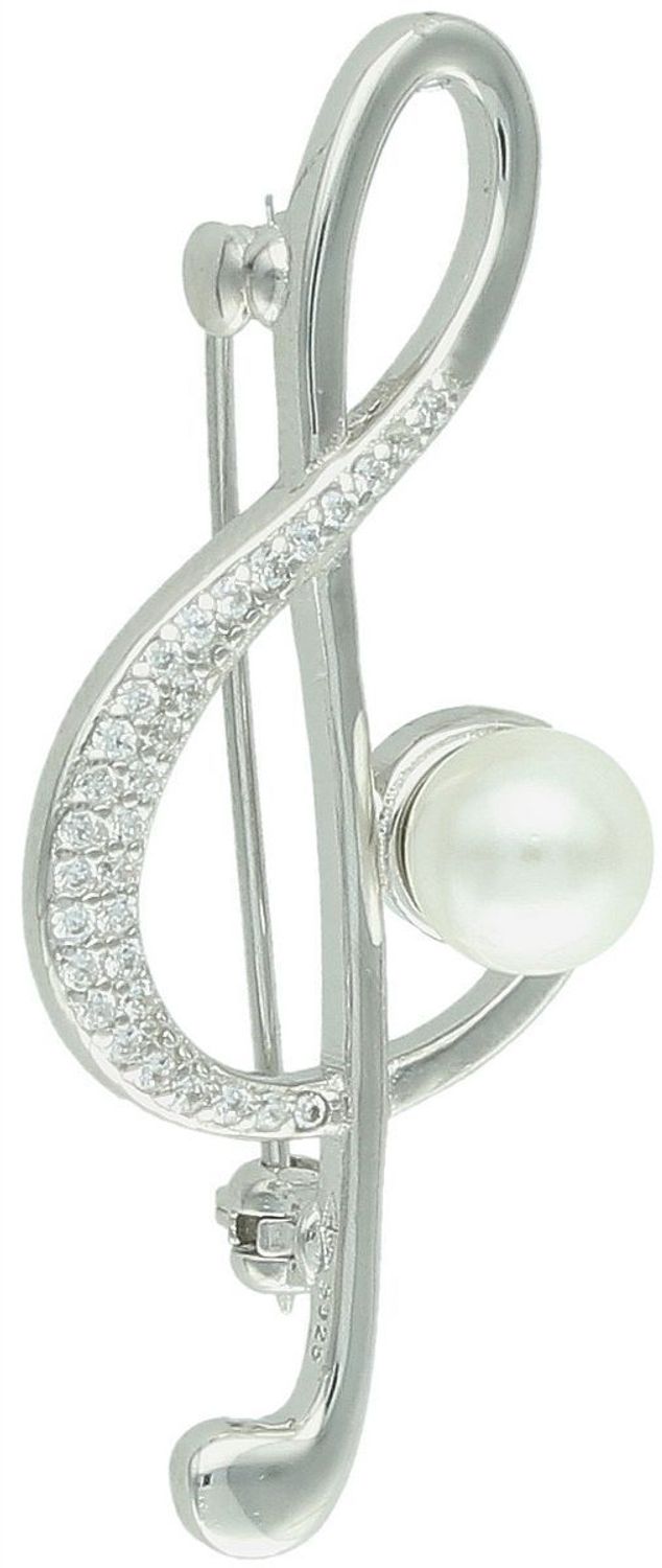Srebrna broszka damska próba 925 w kształcie nutki, zdobiona perłą i cyrkoniami. Wymiary 4,5 cm x 2,0 cm. Elegancka biżuteria na prezent.1.jpg