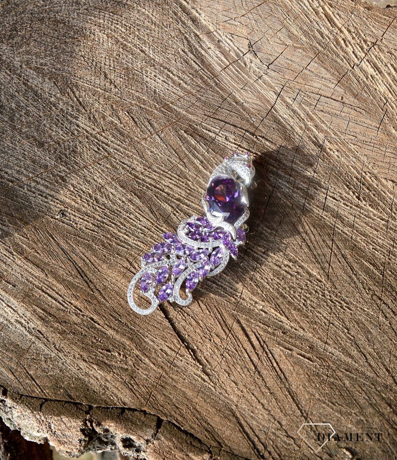 Srebrna broszka paw fioletowe i białe cyrkonie DIA-BRO-2916-925.jpg