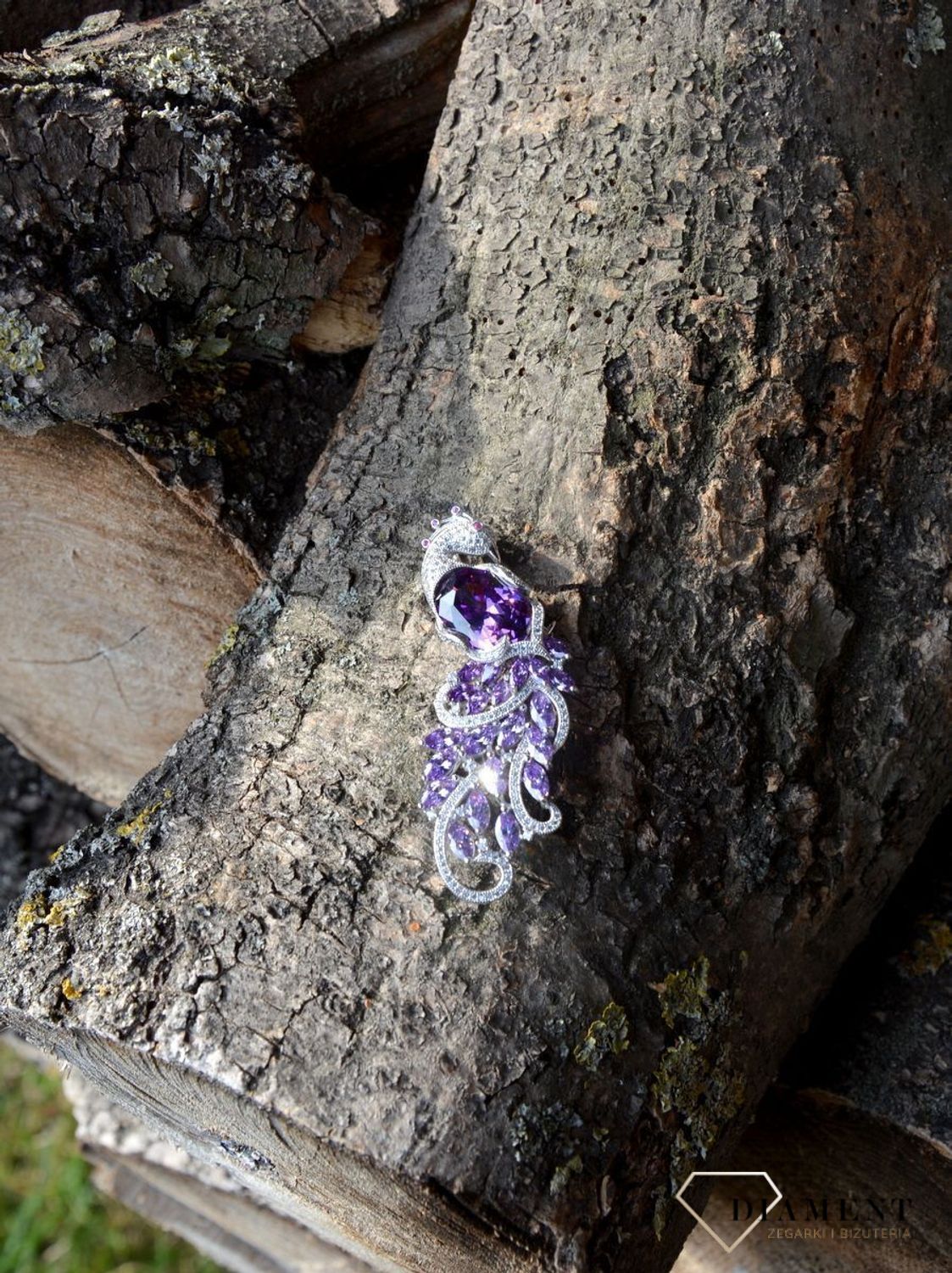 Srebrna broszka paw fioletowe i białe cyrkonie DIA-BRO-2916-925.jpg