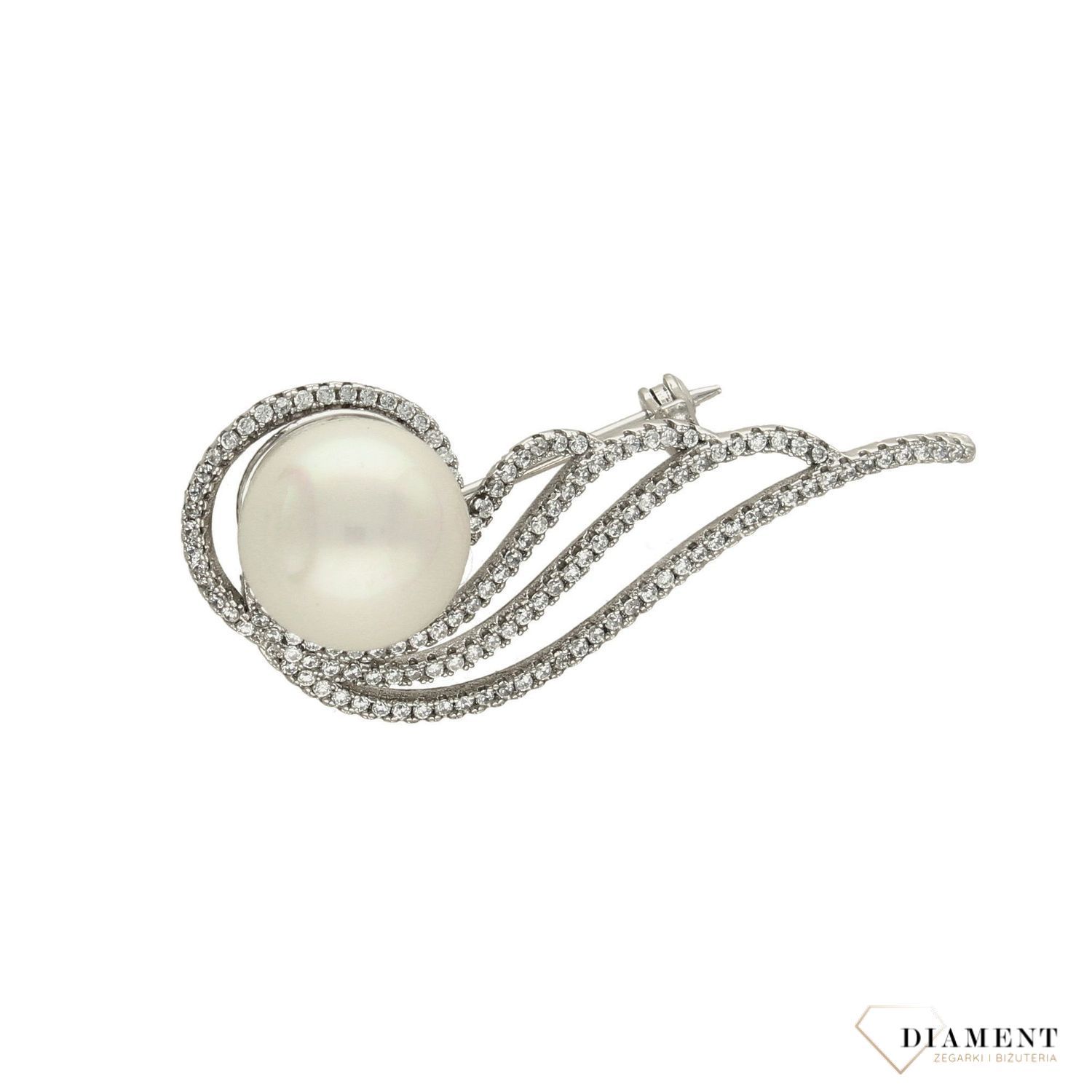 Srebrna broszka perła syntetyczna z cyrkoniami DIA-BRO-2918-925.jpg