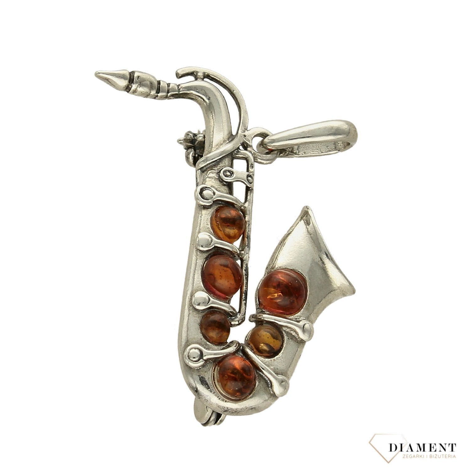 Srebrna broszka saksofon z bursztynem DIA-BRO-2920-925.jpg