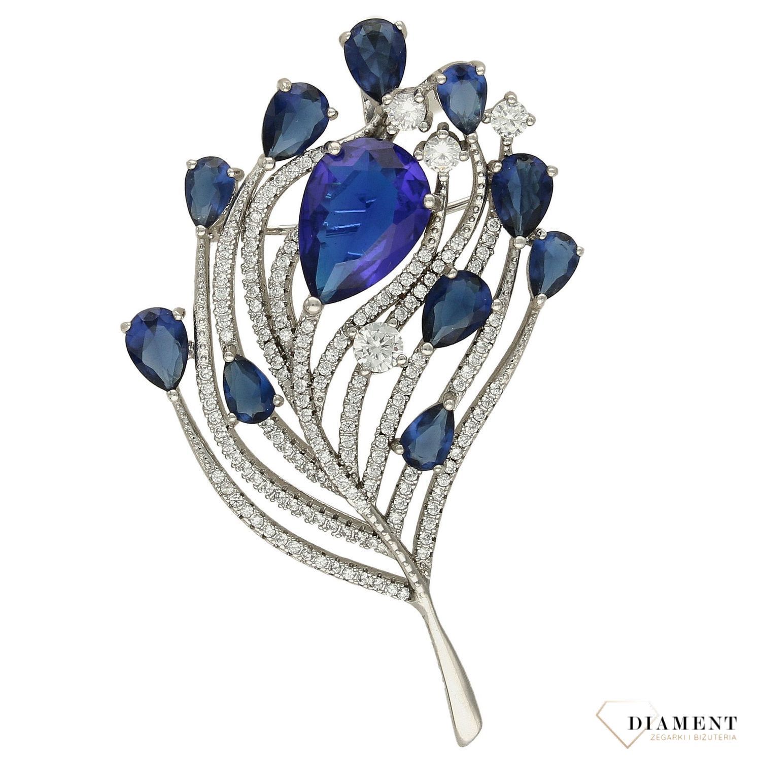 Srebrna broszka 'Pawie piórko' z biała i niebieską cyrkonią DIA-BRO-2948-925.jpg