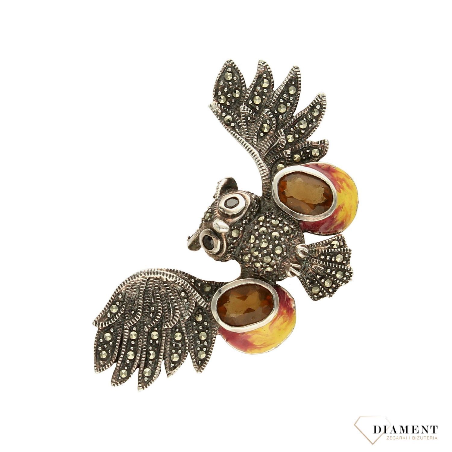 Srebrna broszka w kształcie Sowy z bursztynem i markazytami DIA-BRO-3357-925.jpg