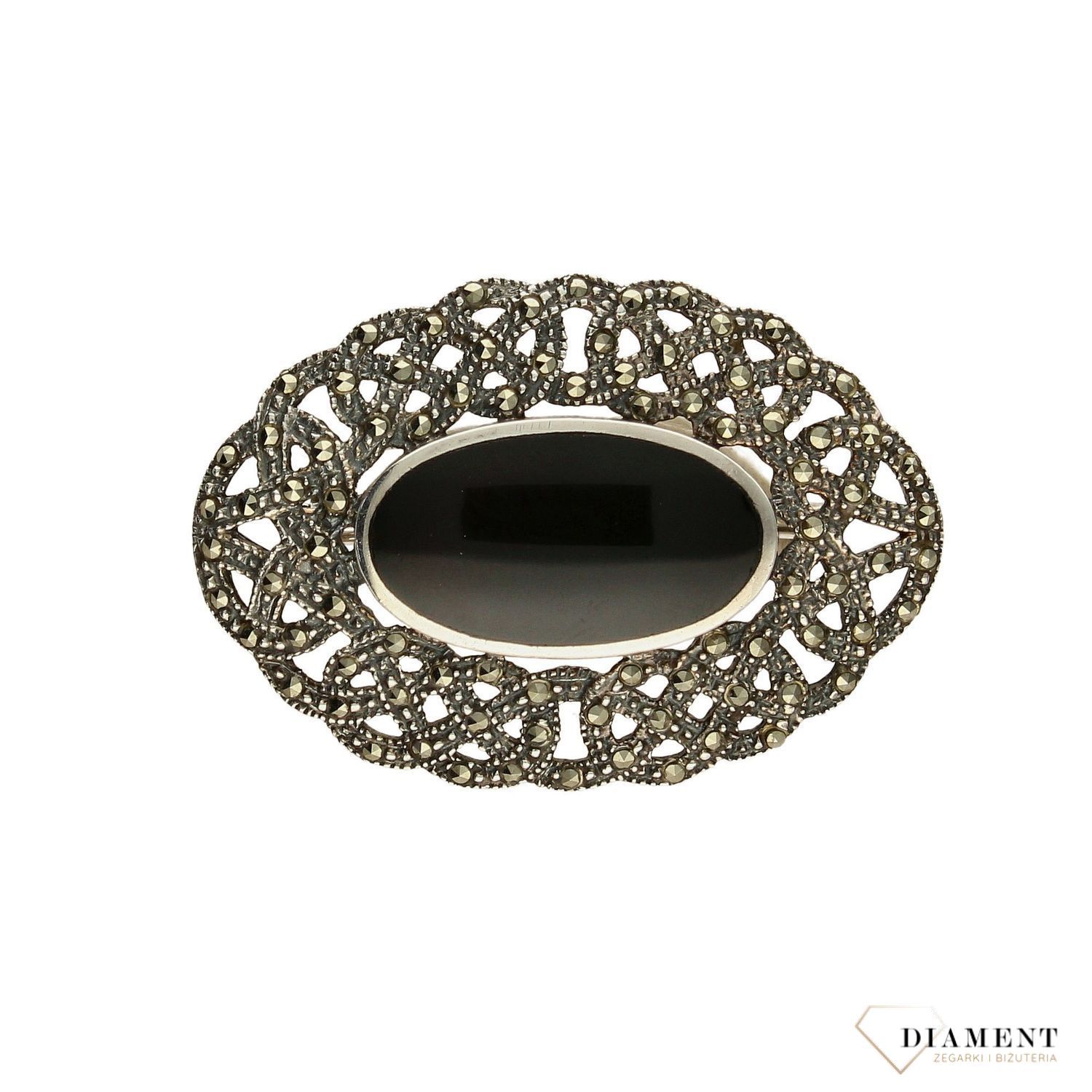 Srebrna broszka 'Klasyka z onyksem' i markazytami DIA-BRO-3369-925.jpg