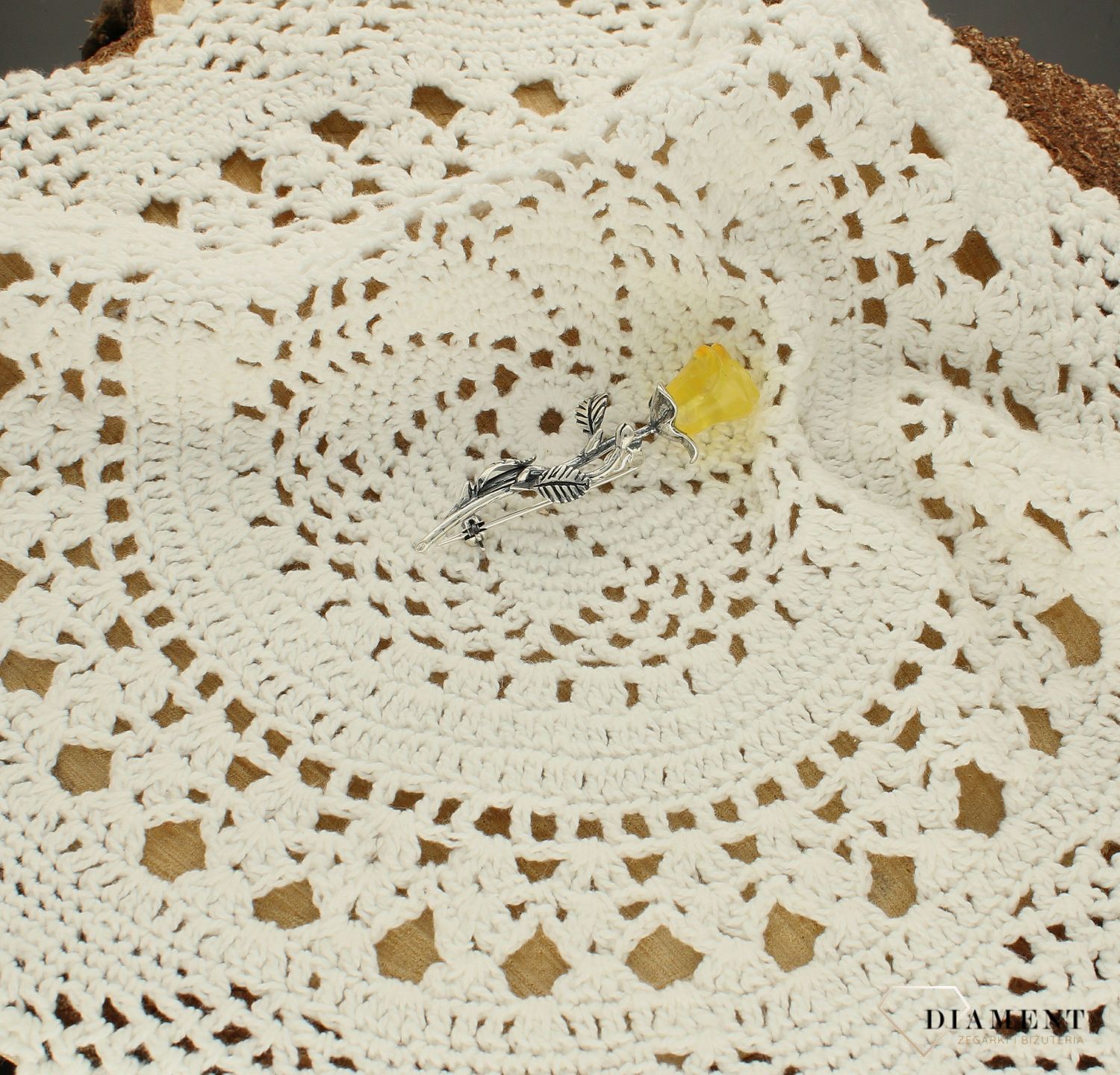 Srebrna broszka damska Róża Srebro i polski bursztyn DIA-BRO-9834-925dsd.jpg