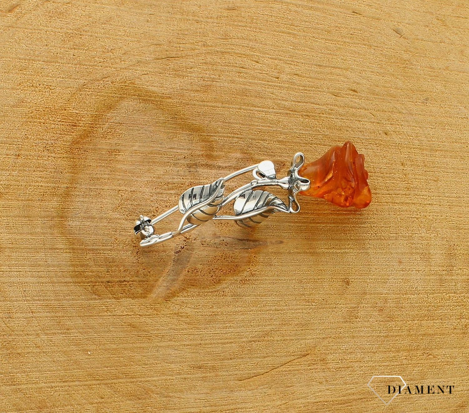 Srebrna broszka delikatna różyczka z bursztynem DIA-BRO-9924-925ds.jpg