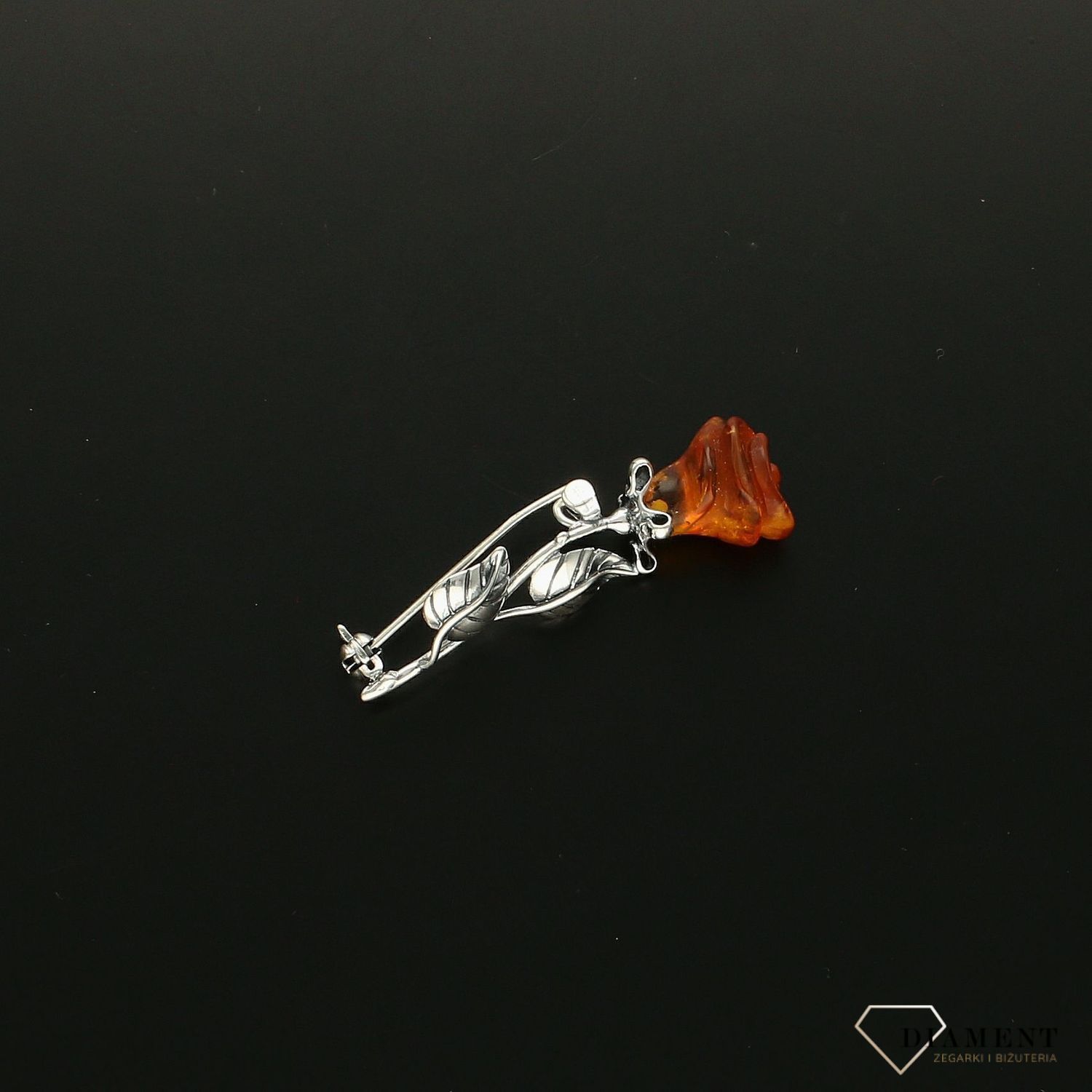 Srebrna broszka delikatna różyczka z bursztynem DIA-BRO-9924-925ds.jpg