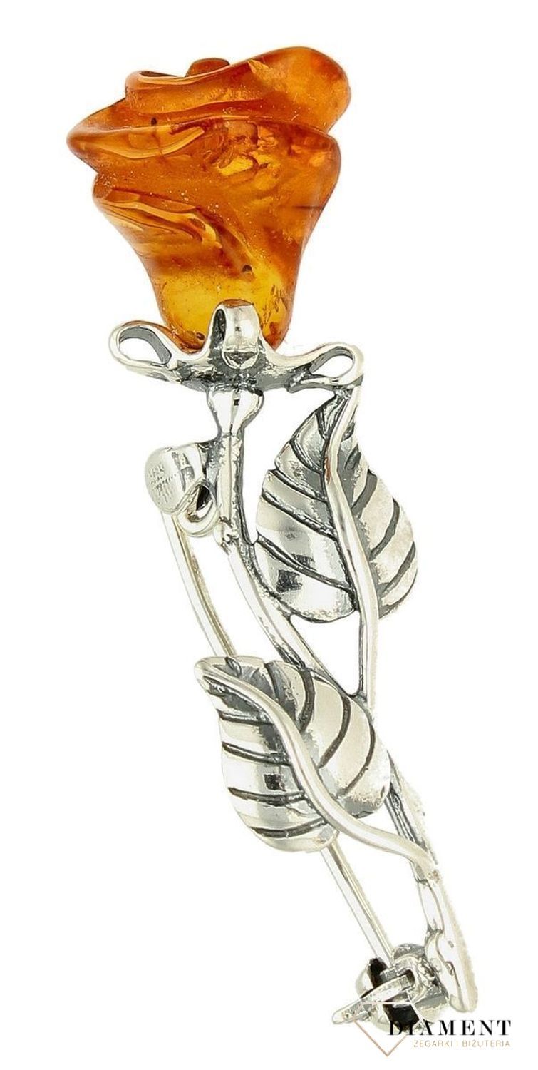 Srebrna broszka delikatna różyczka z bursztynem DIA-BRO-9924-925ds.jpg