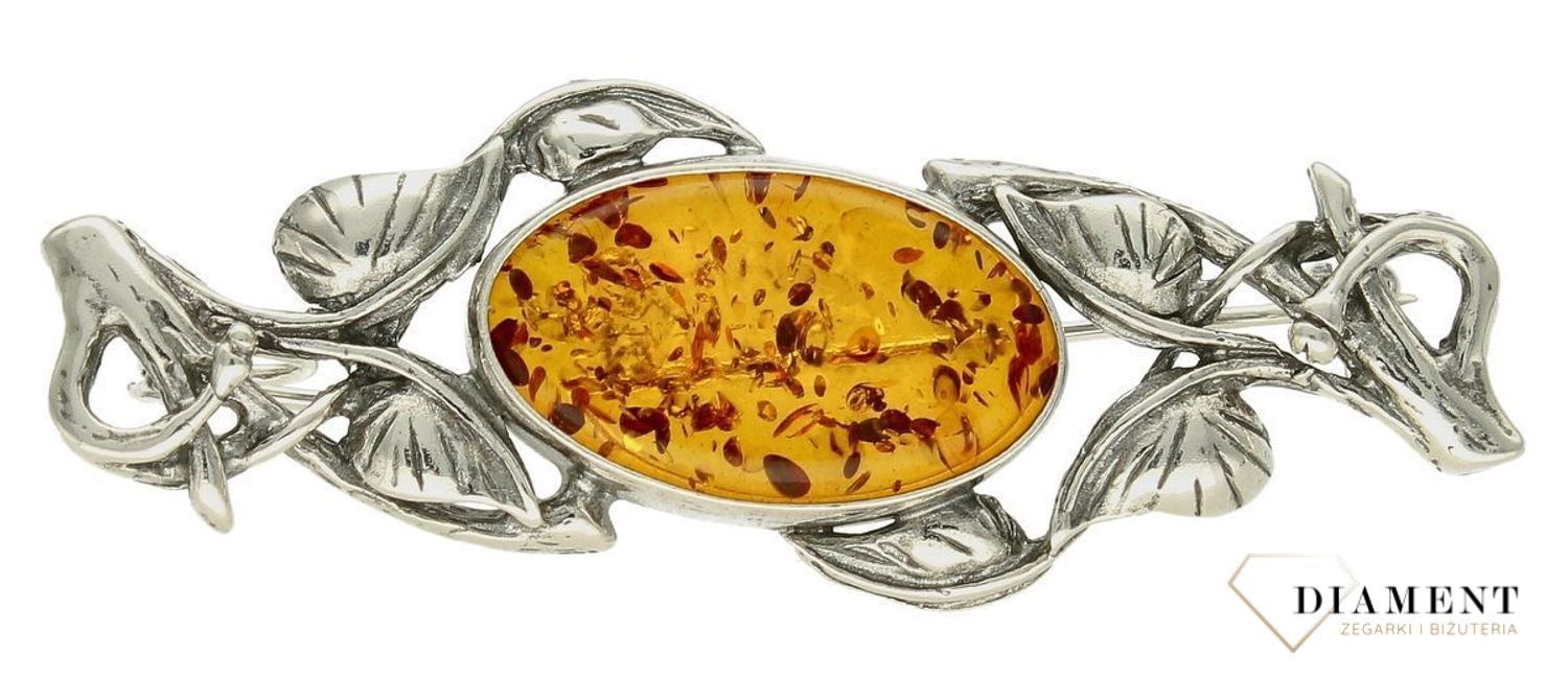 Srebrna broszka o podłużnym kształcie z owalnym bursztynem DIA-BRO-9925-925df.jpg