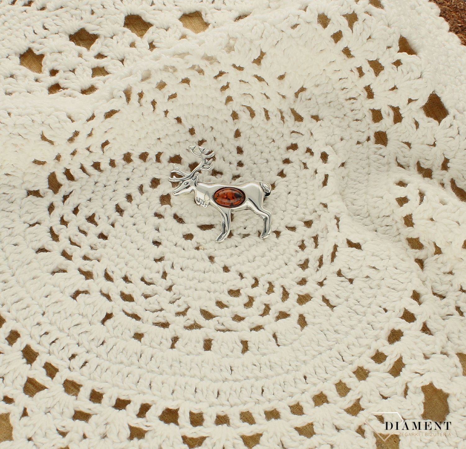 Srebrna broszka damska Jeleń Srebro i polski bursztyn  DIA-BRO-JELEŃ-925as.jpg
