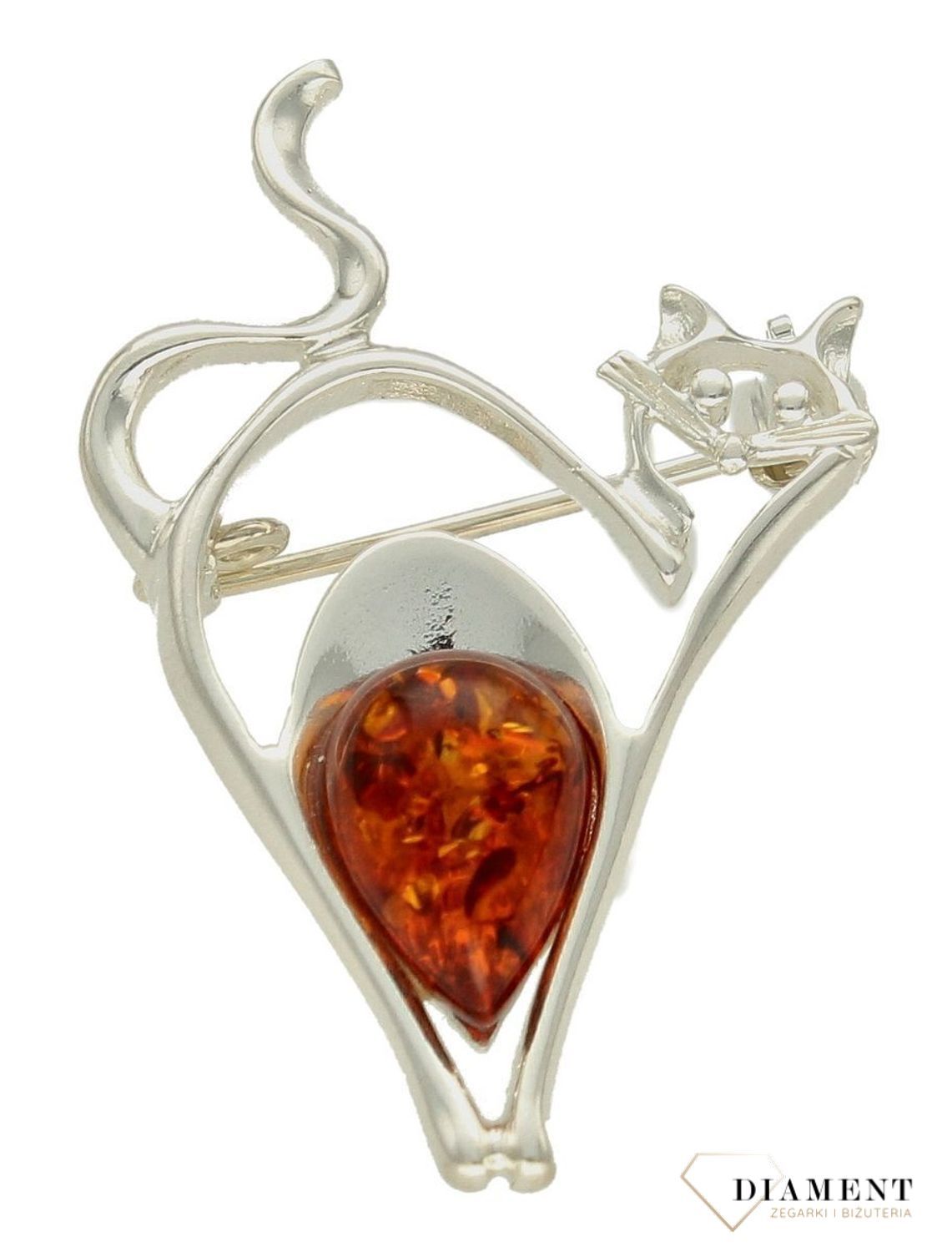 Srebrna broszka damska Kot Srebro i Bursztyn Bałtycki DIA-BRO-KOT-925as.jpg