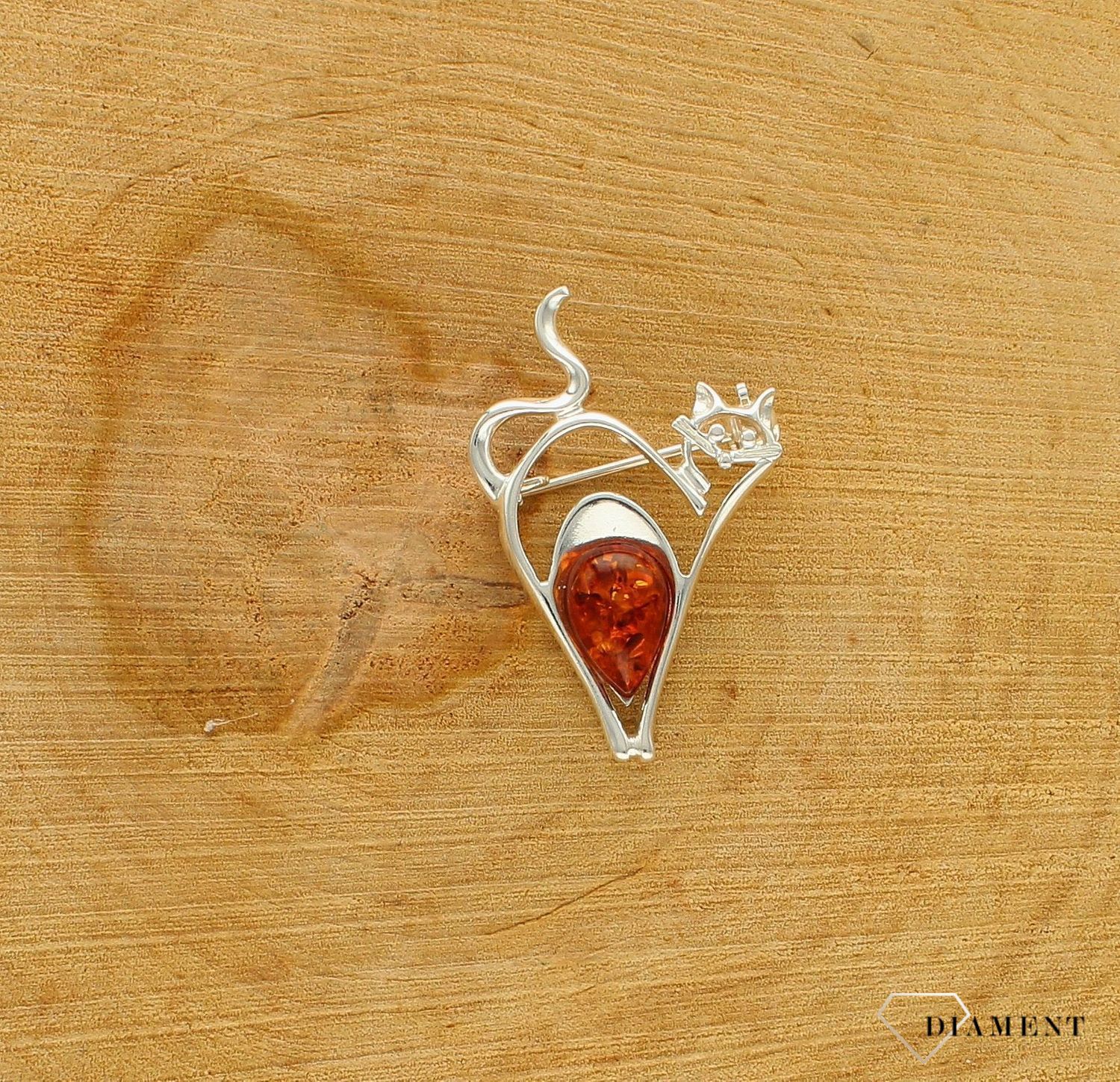 Srebrna broszka damska Kot Srebro i Bursztyn Bałtycki DIA-BRO-KOT-925as.jpg