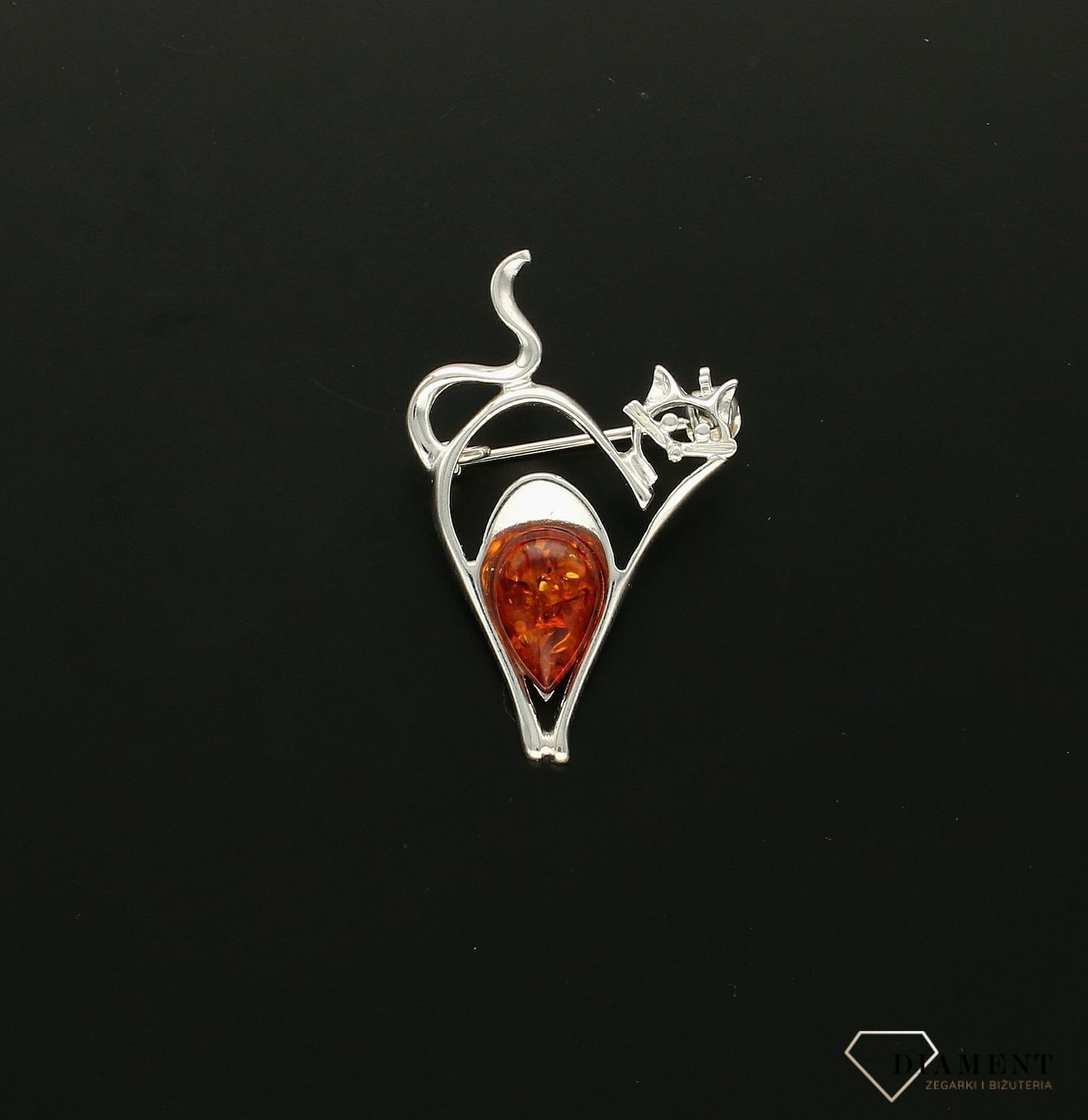 Srebrna broszka damska Kot Srebro i Bursztyn Bałtycki DIA-BRO-KOT-925as.jpg