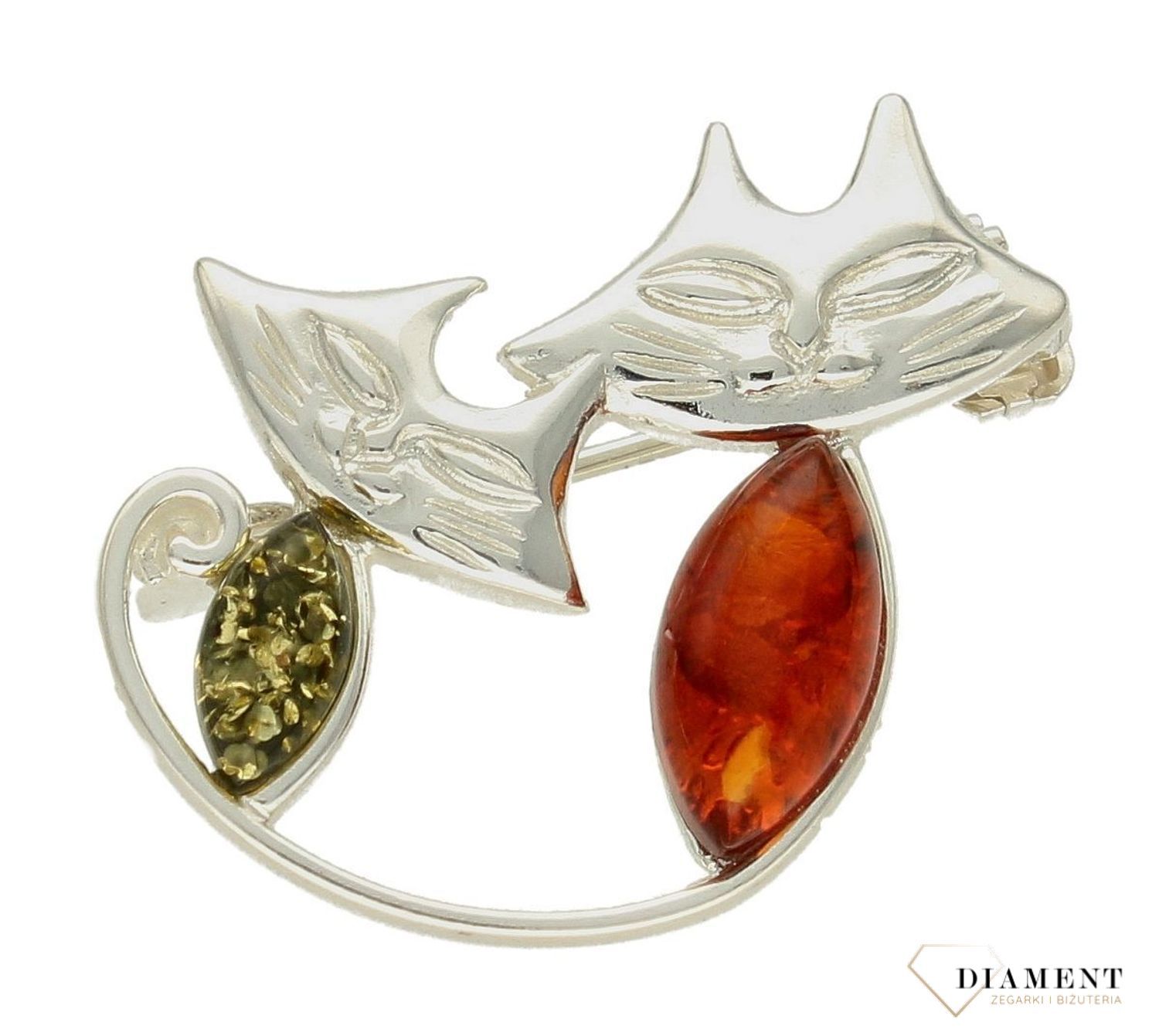 Srebrna broszka damska Dwa kotki Srebro i polski bursztyn  DIA-BRO-KOTKI-925AS.jpg