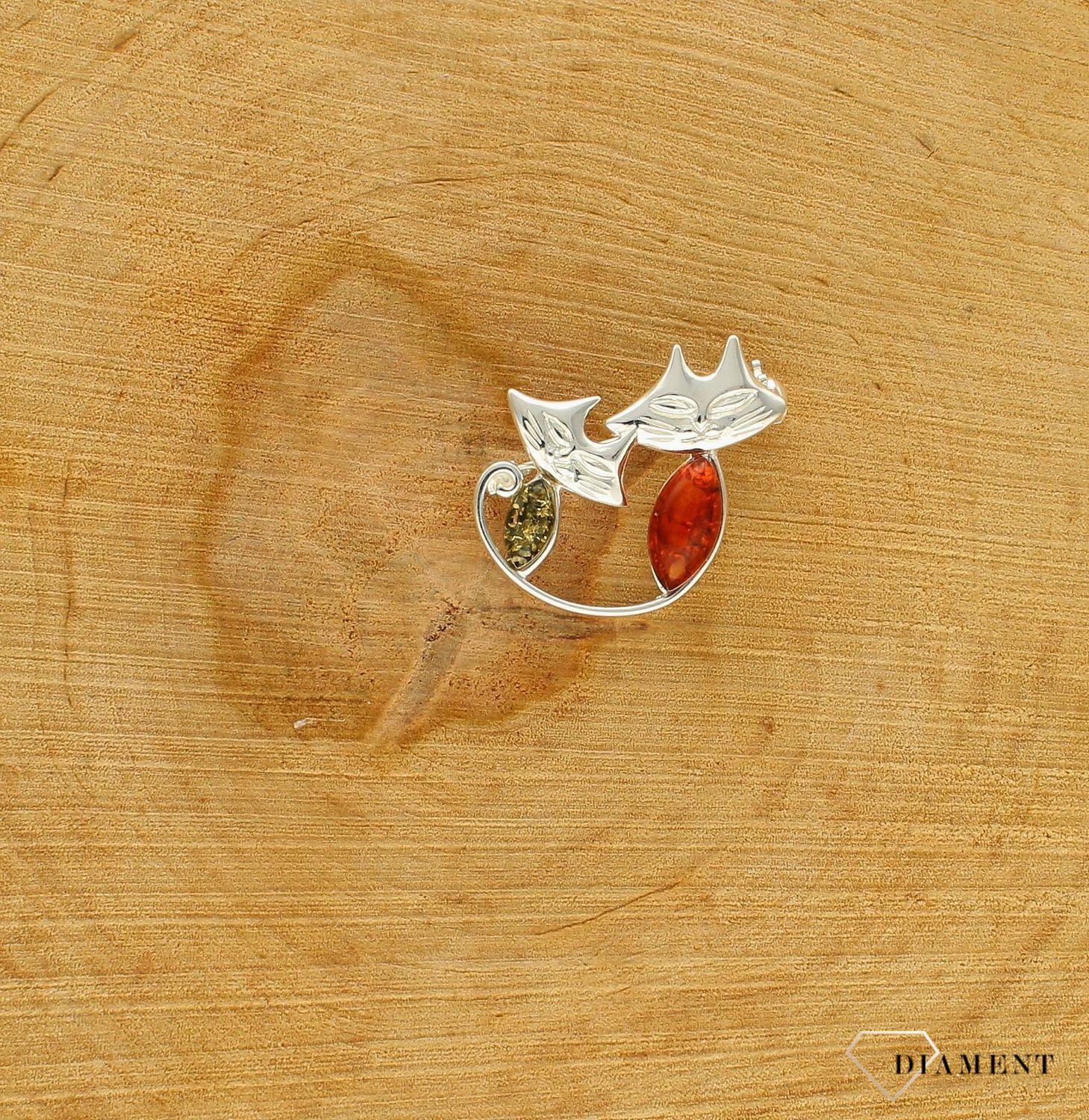 Srebrna broszka damska Dwa kotki Srebro i polski bursztyn  DIA-BRO-KOTKI-925AS.jpg