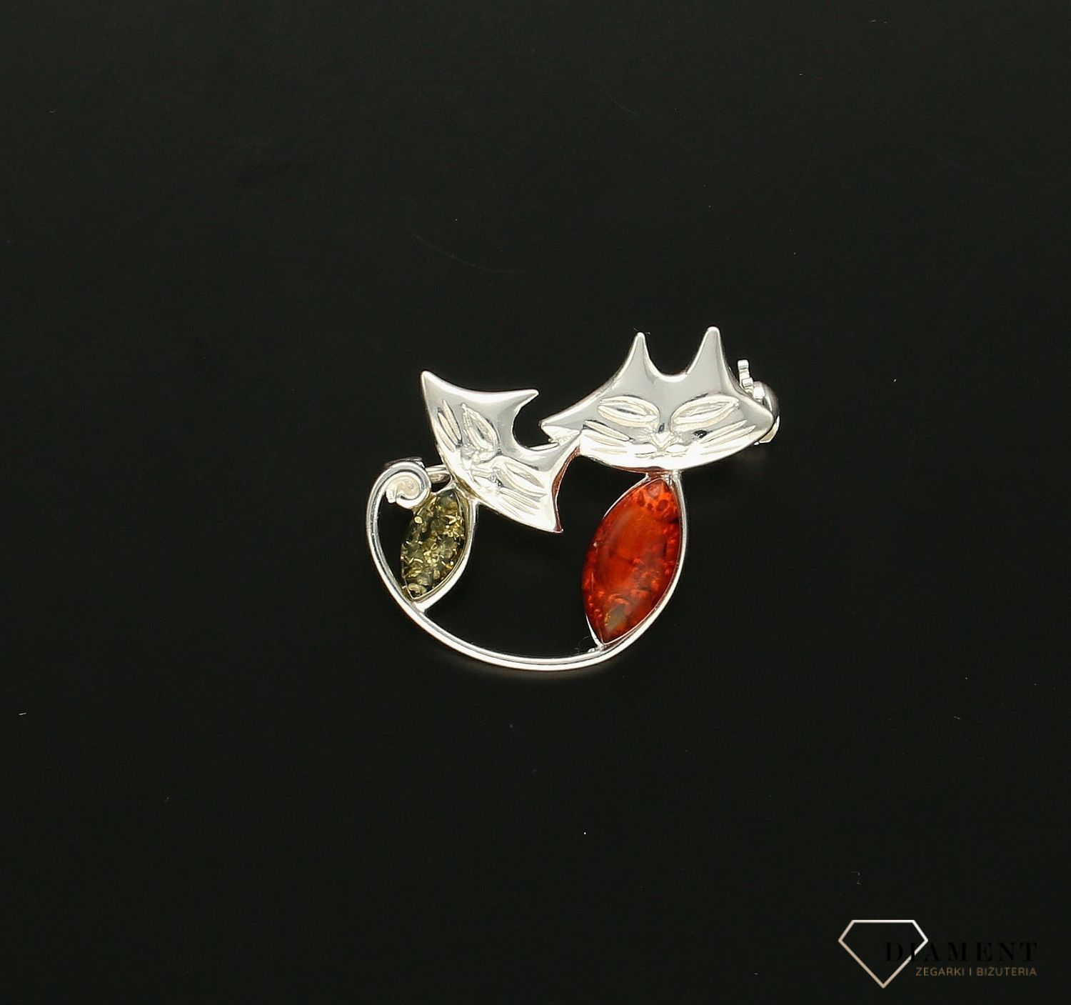 Srebrna broszka damska Dwa kotki Srebro i polski bursztyn  DIA-BRO-KOTKI-925AS.jpg