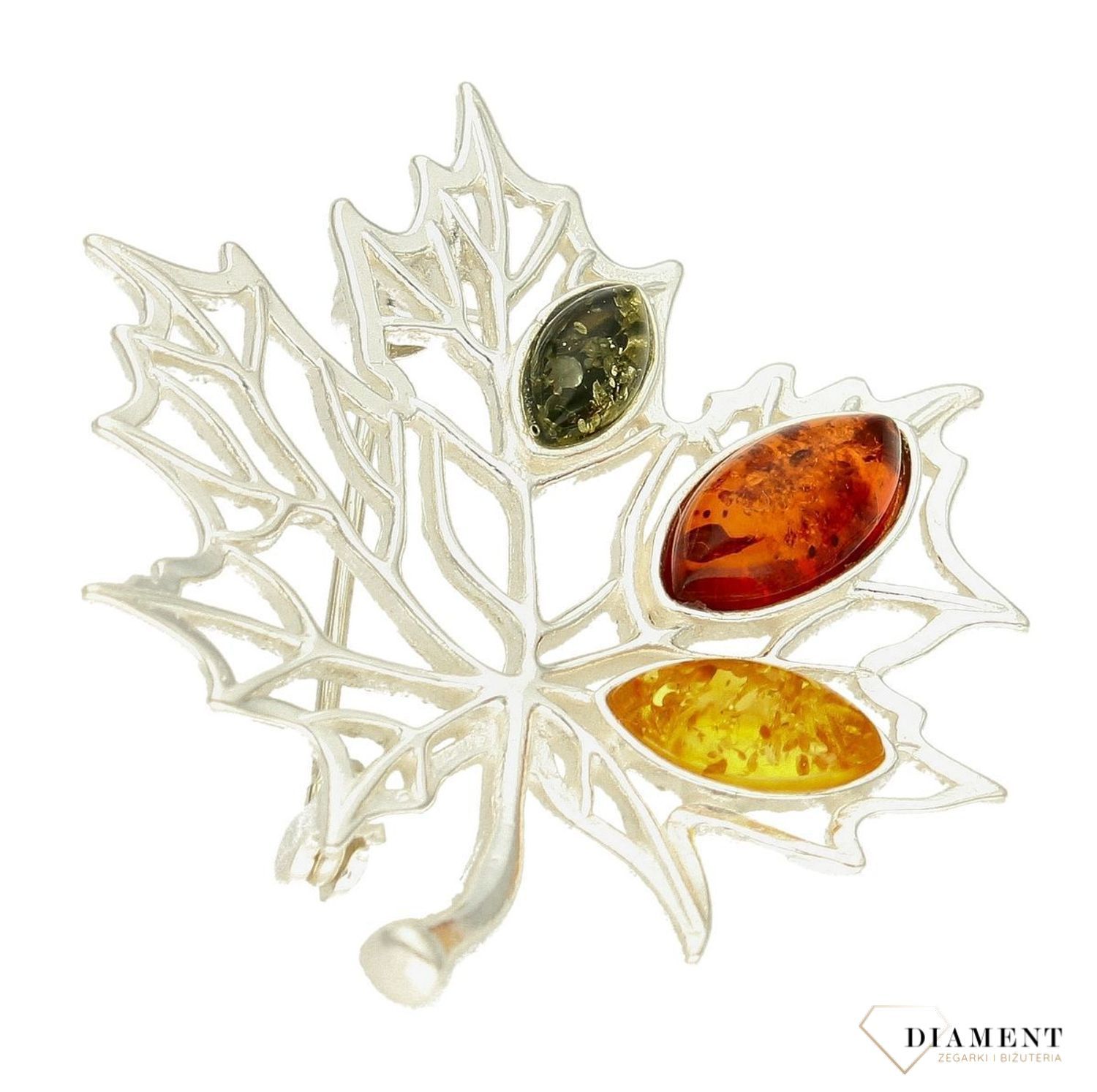 Srebrna broszka damska Liść Srebro i Bursztyn Bałtycki DIA-BRO-LIŚĆ-925A.jpg