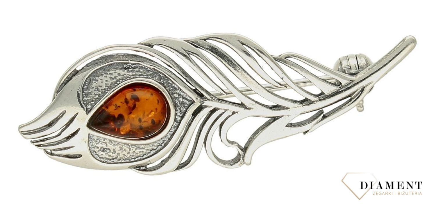 Srebrna broszka damska Piórko Srebro i Bursztyn Bałtycki DIA-BRO-PIÓRO-925sd.jpg