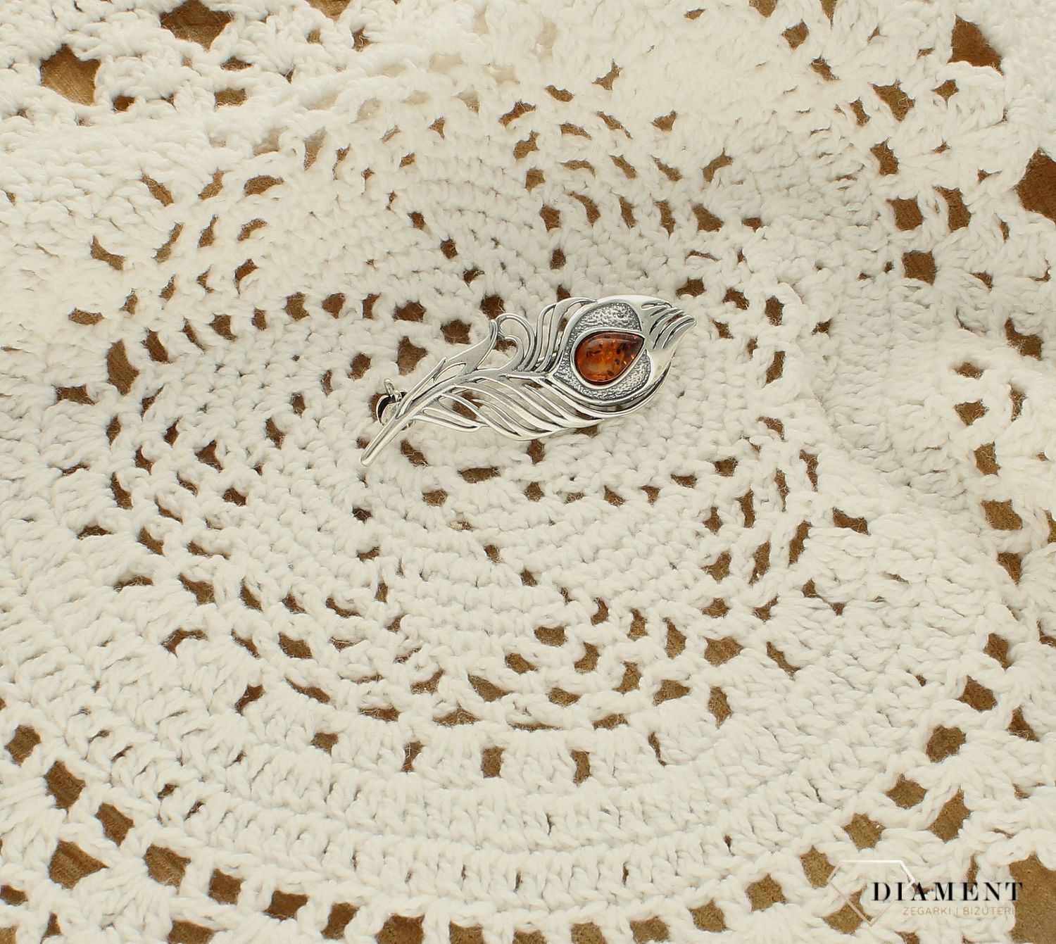 Srebrna broszka damska Piórko Srebro i Bursztyn Bałtycki DIA-BRO-PIÓRO-925sd.jpg