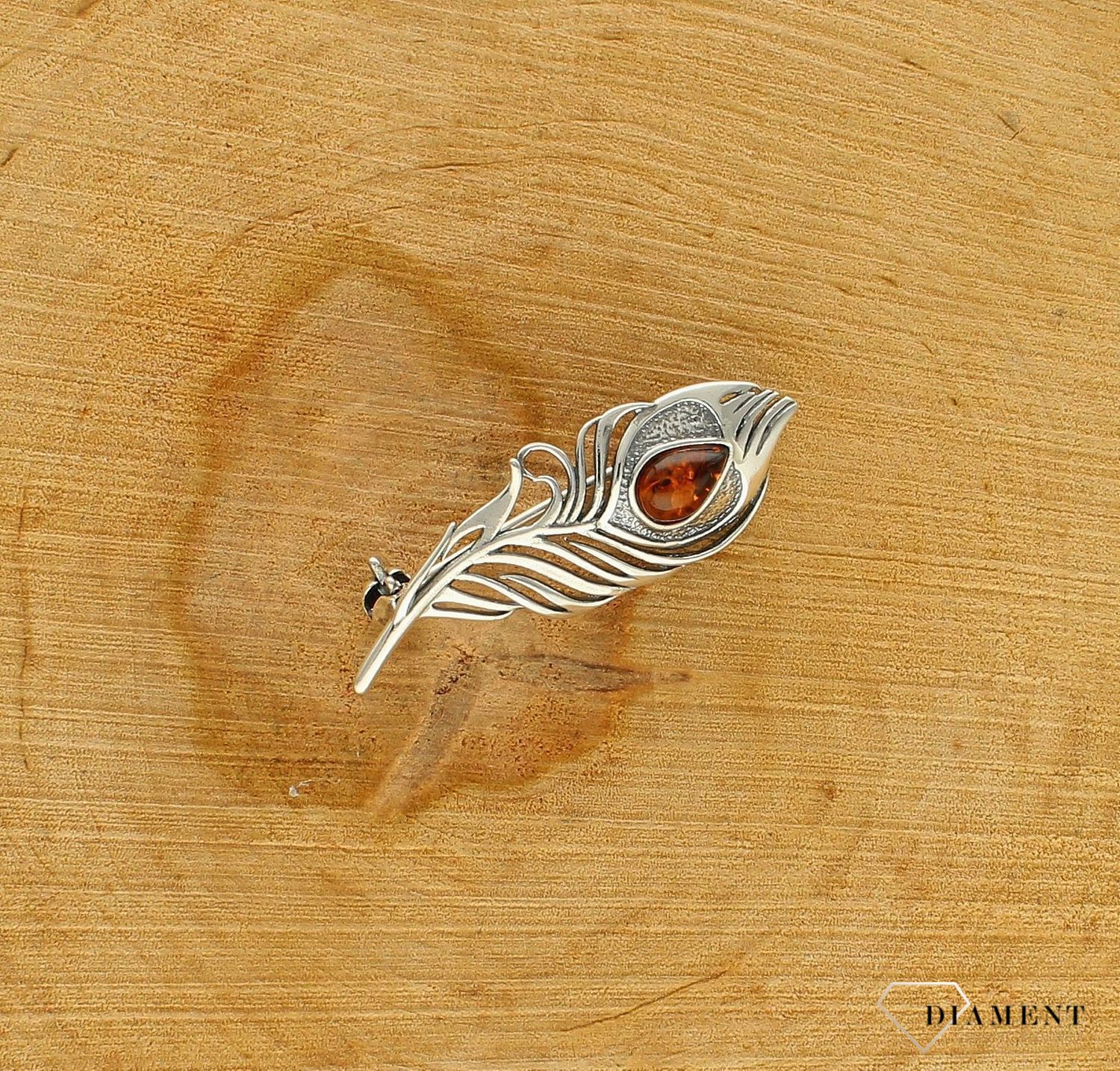 Srebrna broszka damska Piórko Srebro i Bursztyn Bałtycki DIA-BRO-PIÓRO-925sd.jpg