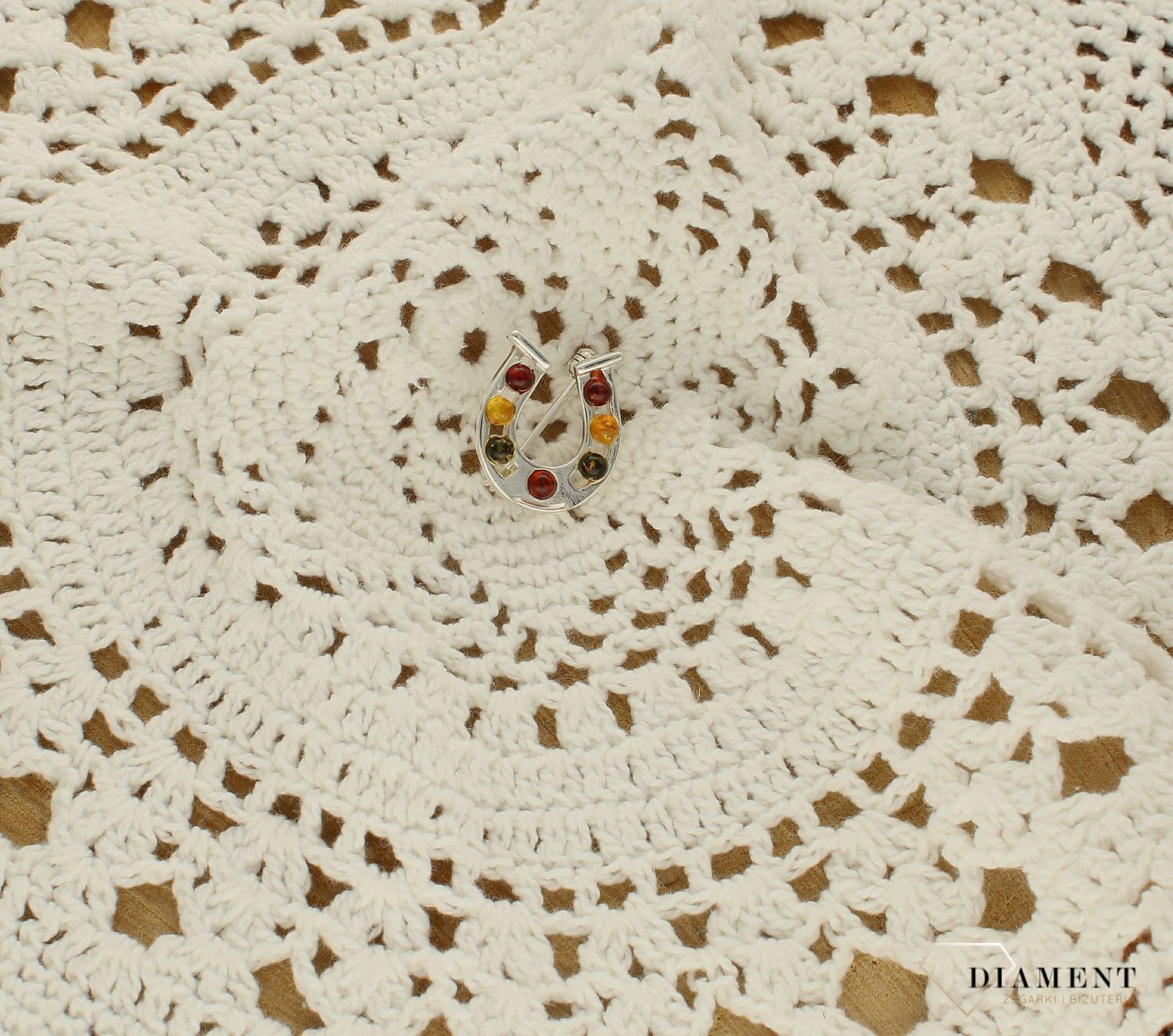 Srebrna broszka damska Podkowa Srebro i Bursztyn Bałtycki DIA-BRO-PODKOWA-925d.jpg