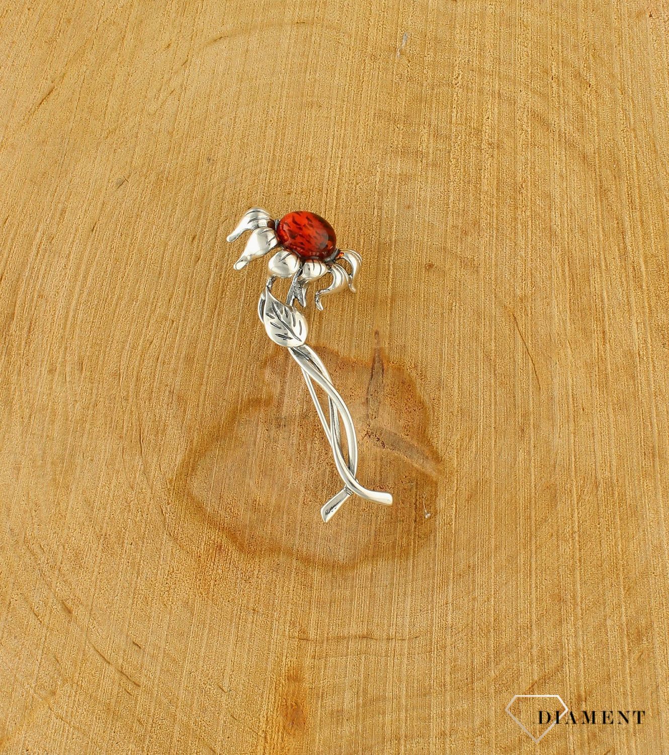 Srebrna broszka damska Słonecznik Srebro i polski bursztyn  DIA-BRO-SŁONECZNIK-925d.jpg