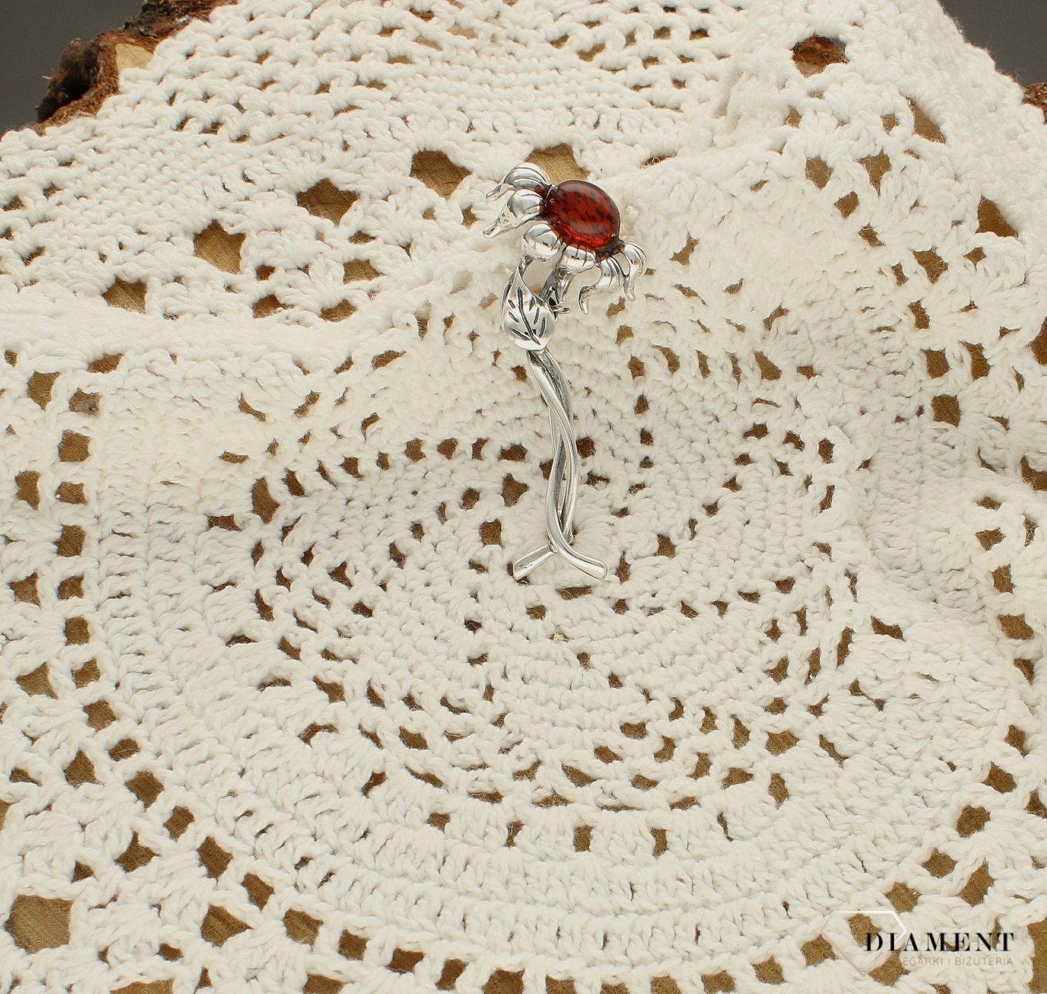 Srebrna broszka damska Słonecznik Srebro i polski bursztyn  DIA-BRO-SŁONECZNIK-925d.jpg