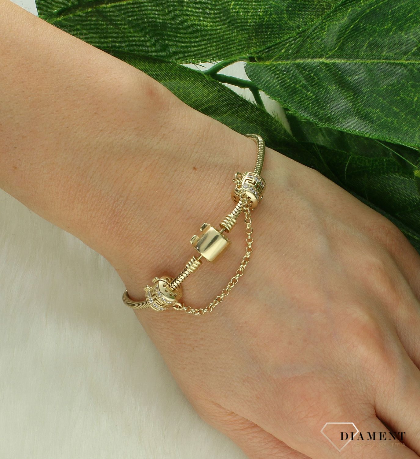 Charms złoty łańcuszek zabezpieczający 585 grecki wzór DIA-CHA-11308-585. Złoty łańcuszek do bransoletki typu Pandora. Charms zabezpieczający złoty. Łańcuszek zabezpieczający charms typu Pandora. Złoty łańcuszek zabezpieczaj.jpg